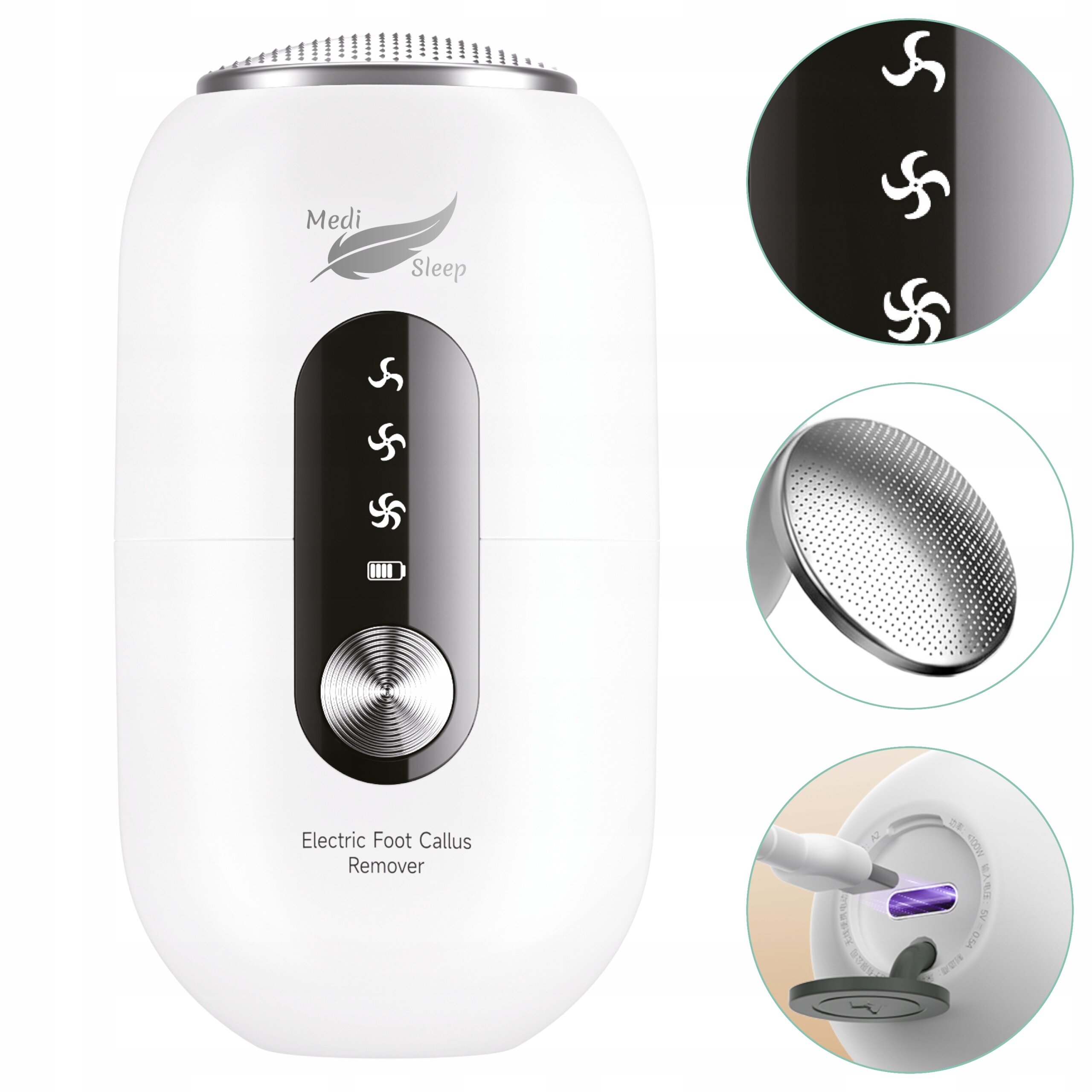 Biały pilnik elektryczny do stóp z logo \'Medi Sleep\' i napisem \'Electric Foot Callus Remover\'. Obok widoczne są zbliżenia na elementy urządzenia, takie jak powierzchnia ścierna i port ładowania USB.