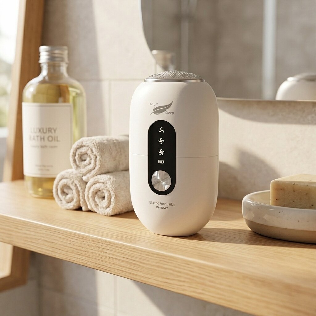 Na drewnianej półce w łazience stoi biały elektryczny pilnik do stóp z wyświetlaczem LCD, obok którego znajdują się zrolowane ręczniki, butelka z napisem \'Luxury Bath Oil\' i mydło. Na urządzeniu widoczne są napisy \'Medi Sleep\' i \'Electric Foot Callus Remover\'.