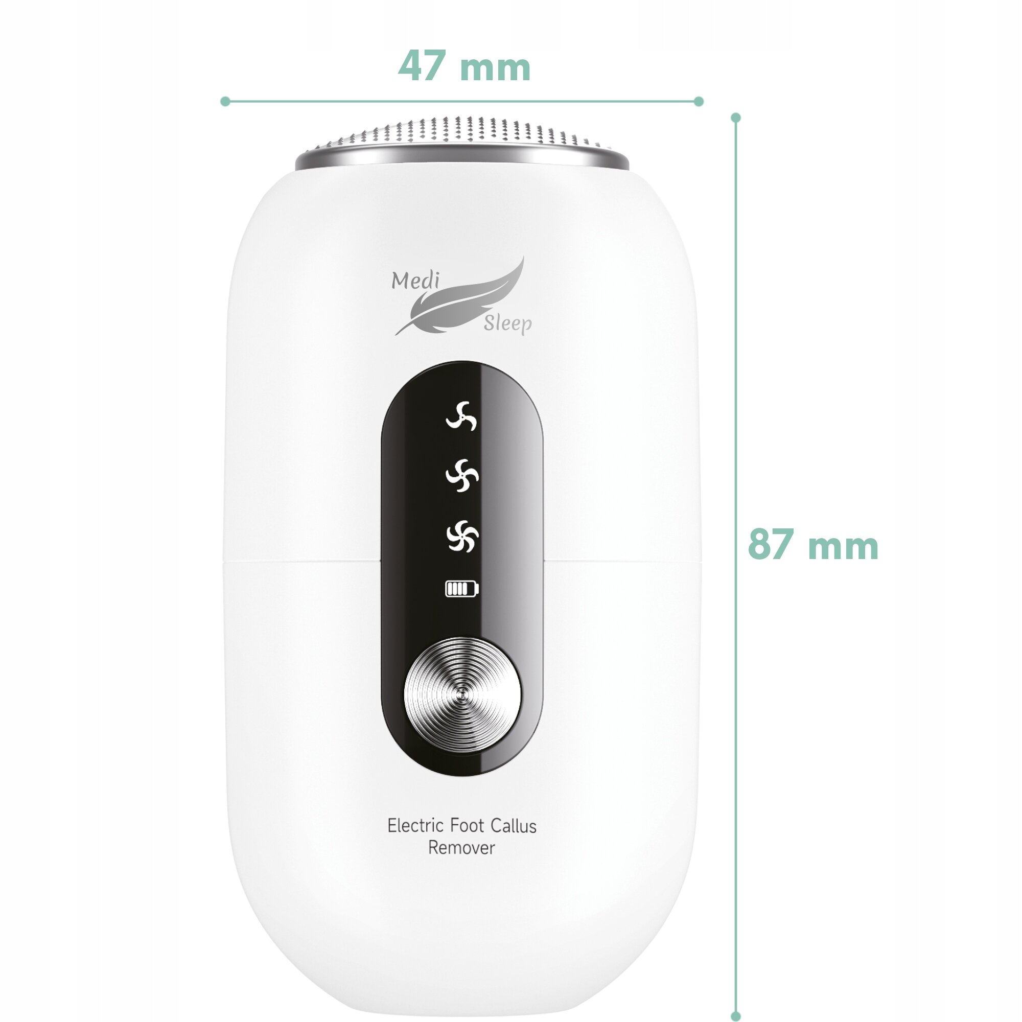 Biały pilnik elektryczny do stóp z napisem \'Medi Sleep\' i \'Electric Foot Callus Remover\'. Wymiary urządzenia to 47 mm szerokości i 87 mm wysokości.