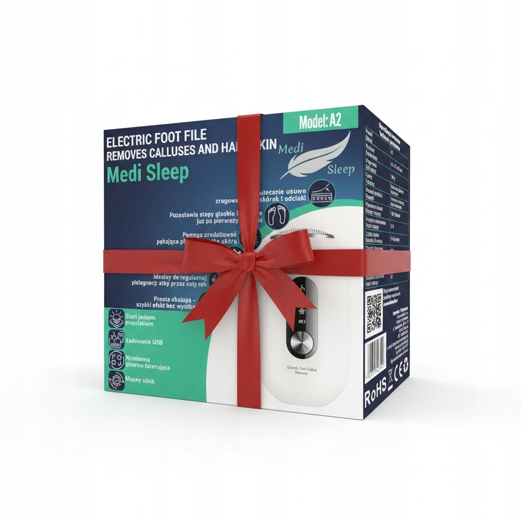 Opakowanie produktu \'Electric Foot File Removes Calluses and Hard Skin Medi Sleep\' z czerwonymi wstążkami. Widoczne są informacje o funkcjach urządzenia, takich jak zasilanie USB i mocny silnik.