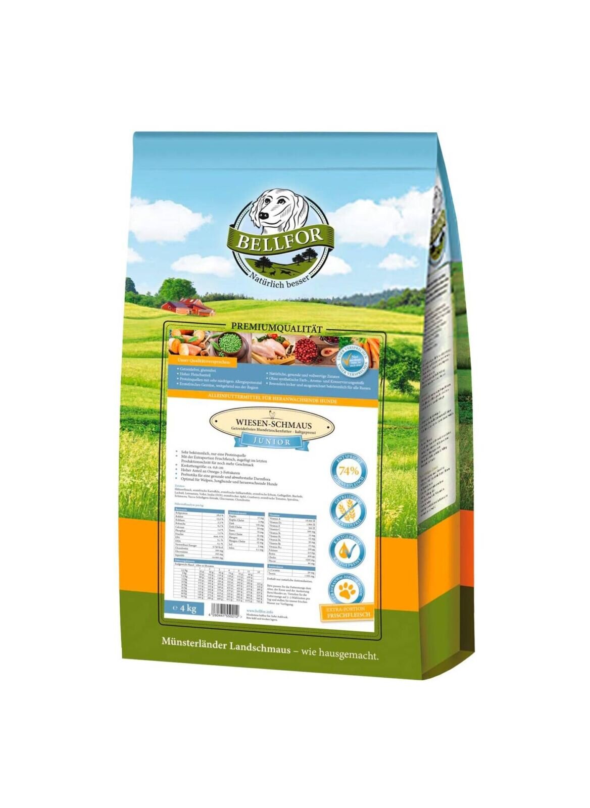 Opakowanie karmy dla psów marki Bellfor z widocznym logo i krajobrazem w tle. Na opakowaniu znajdują się informacje o składzie i wartościach odżywczych produktu Wiesen-Schmaus Junior.
