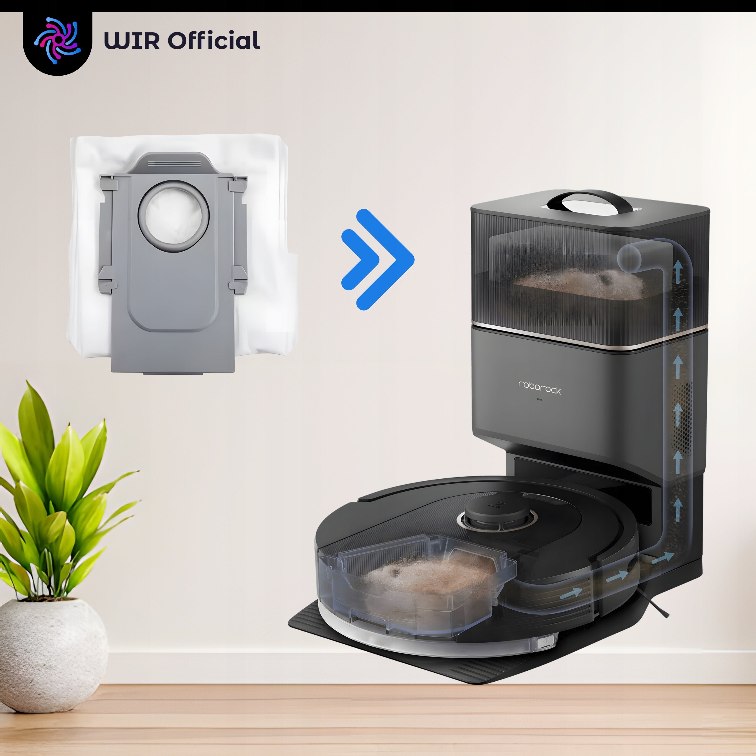 Obraz przedstawia worek do odkurzacza obok stacji dokującej z odkurzaczem automatycznym. Na górze widoczne jest logo \'WIR Official\'.