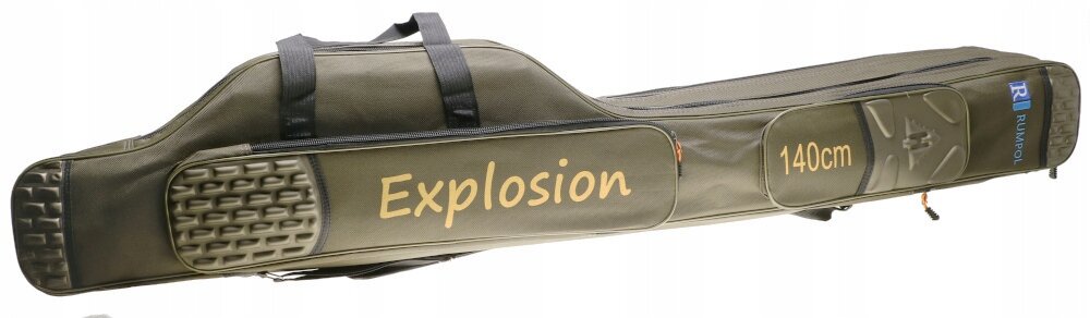 Pokrowiec wędkarski w kolorze oliwkowym z napisem \'Explosion\' oraz oznaczeniem \'140cm\'. Posiada dwie kieszenie i trzy komory, widoczne są uchwyty do przenoszenia.