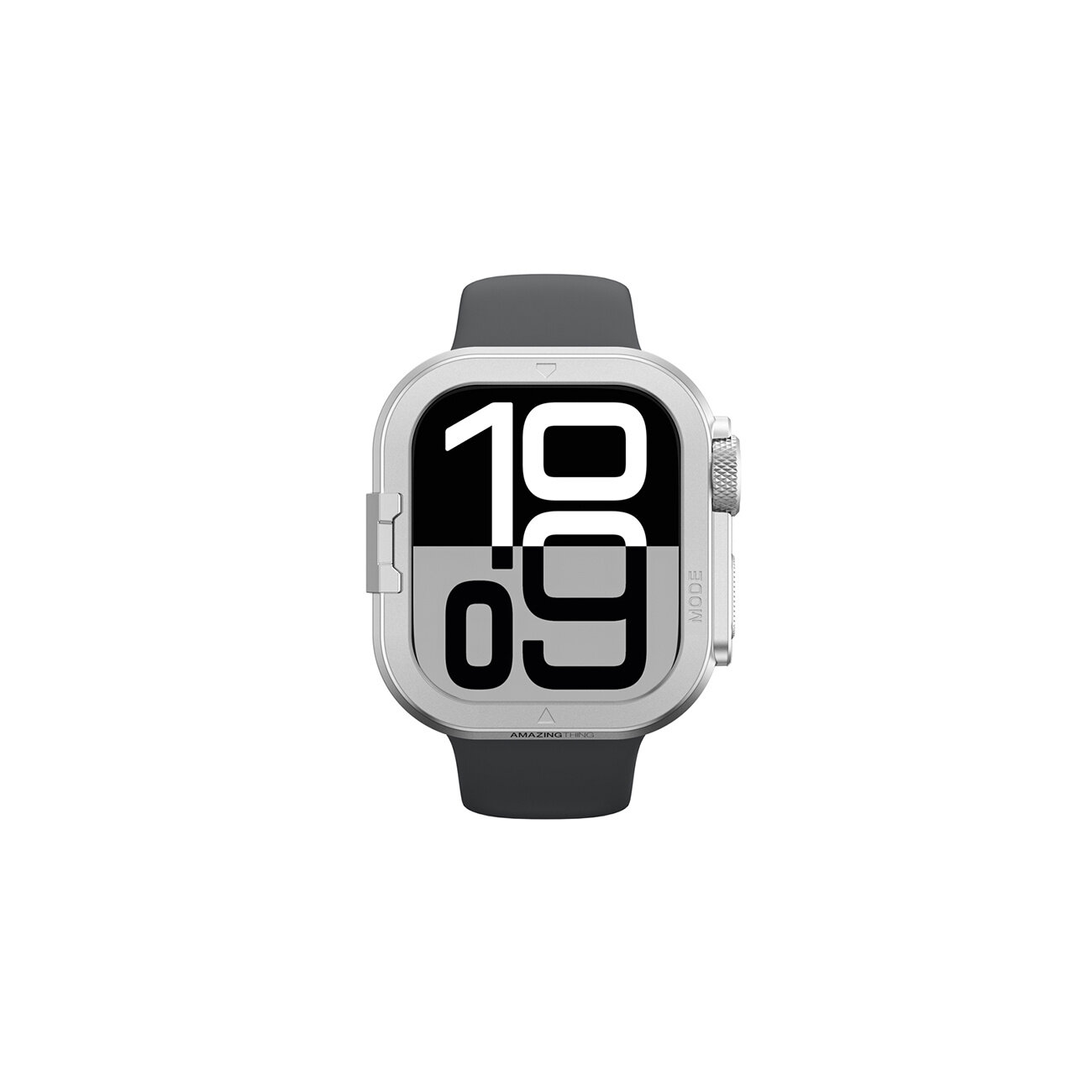 Na obrazie widoczny jest zegarek z metalowym etui w kolorze srebrnym, z czarnym paskiem i dużym wyświetlaczem pokazującym cyfry 10:09. Na etui znajduje się napis \'AMAZINGTHING\' oraz \'MODE\'.