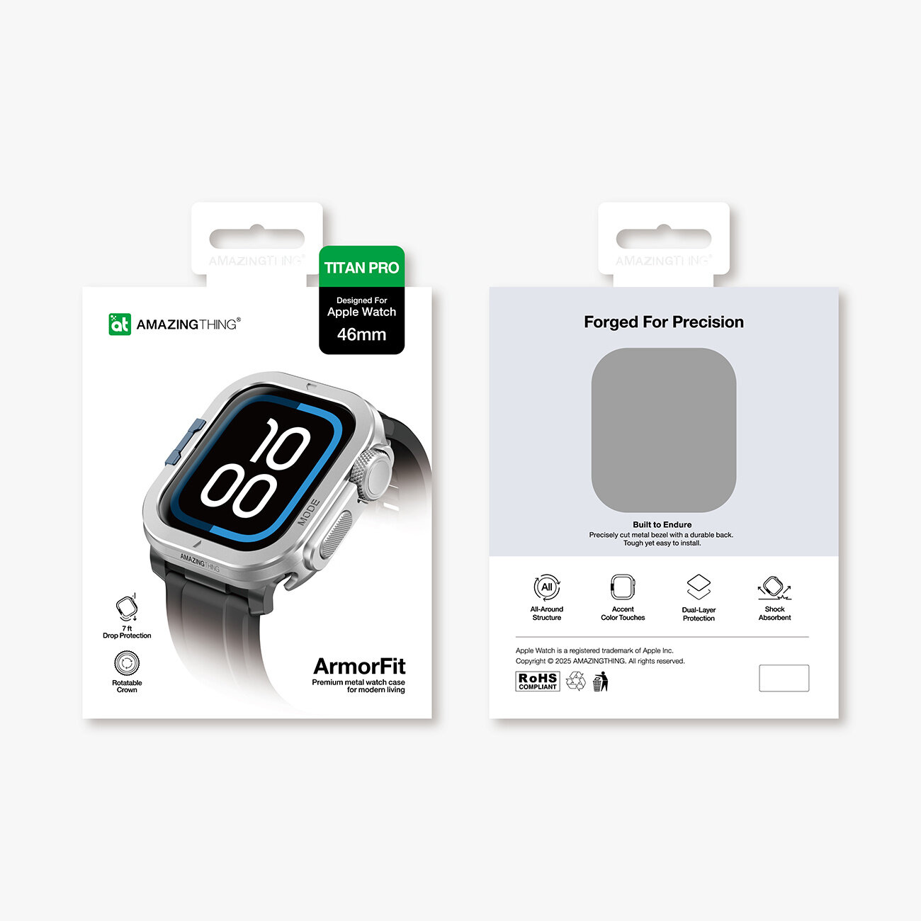 Opakowanie produktu Amazingthing Titan Pro na Apple Watch 46mm, przedstawiające srebrne etui na zegarek. Na odwrocie widnieje napis \'Forged For Precision\' oraz ikony z cechami produktu.