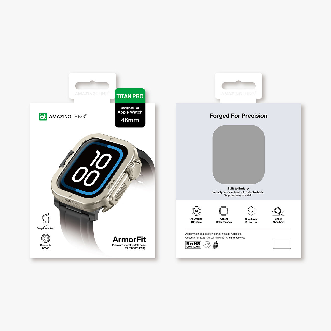 Opakowanie produktu Amazingthing Titan Pro dla Apple Watch 46mm z widocznym etui na zegarek. Na odwrocie opakowania znajduje się tekst \'Forged For Precision\' oraz ikony przedstawiające cechy produktu.