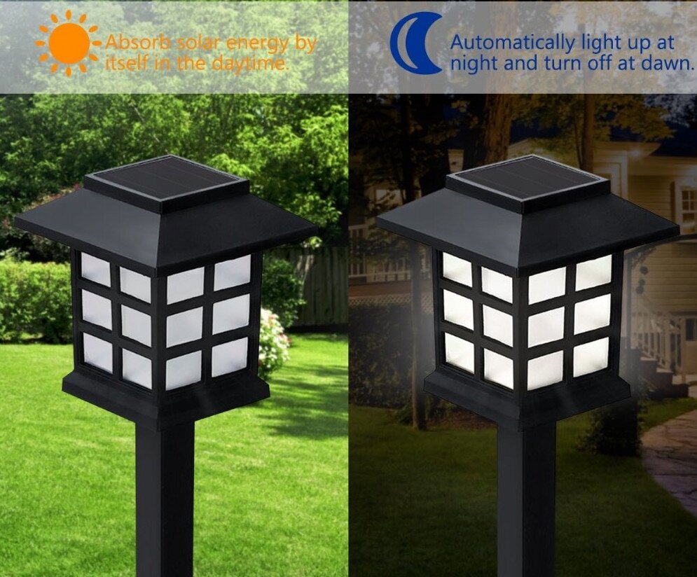 Obraz przedstawia dwie lampy solarne ogrodowe w kształcie słupka, jedna w dzień, druga w nocy. Na górze widoczne są napisy: \'Absorbs solar energy by itself in the daytime\' oraz \'Automatically light up at night and turn off at dawn\'.
