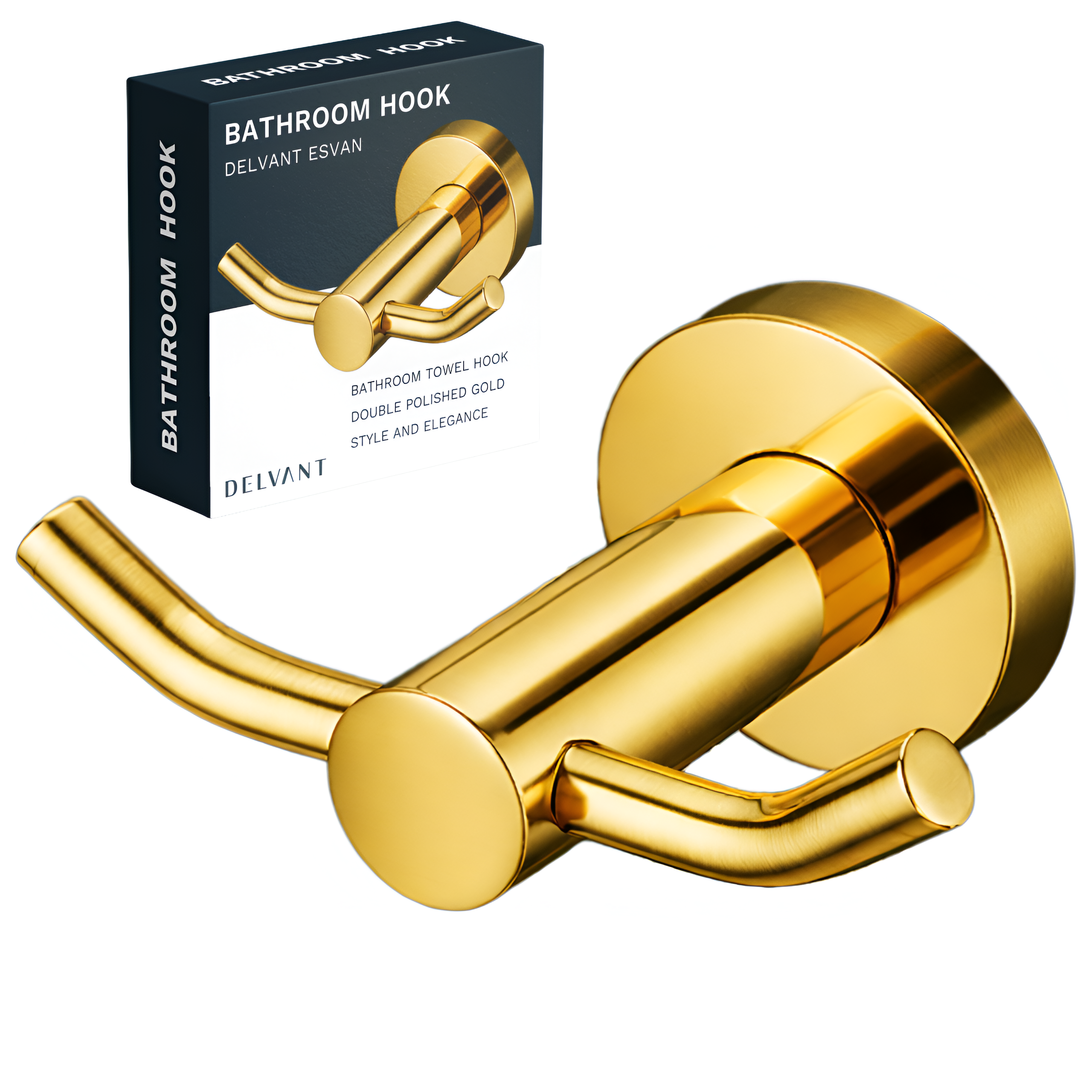 Złoty, połyskujący wieszak łazienkowy na ręcznik z podwójnym haczykiem. Obok znajduje się pudełko z napisem: \'BATHROOM HOOK DELVANT ESVAN BATHROOM TOWEL HOOK DOUBLE POLISHED GOLD STYLE AND ELEGANCE DELVANT\'.
