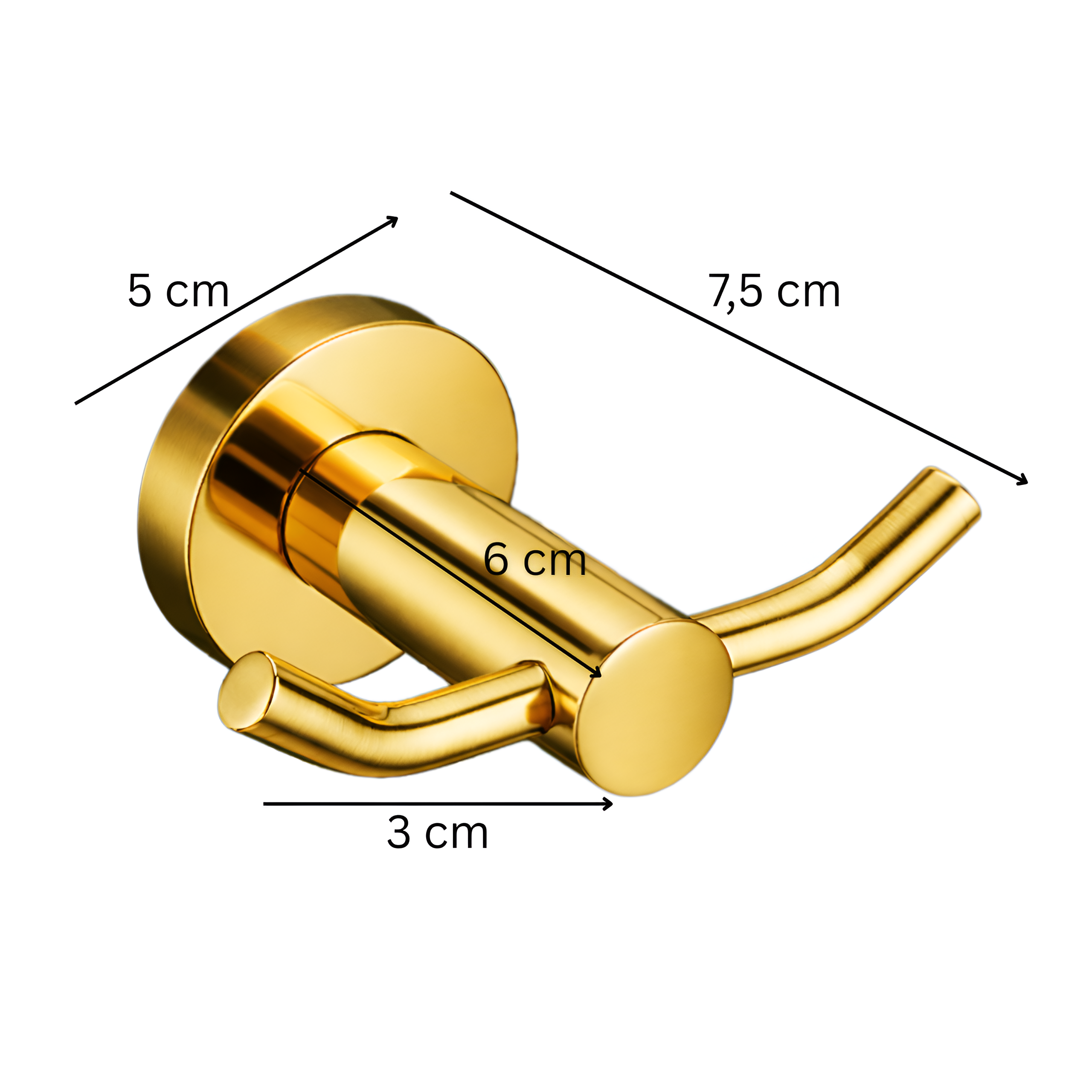 Złoty, połyskujący wieszak łazienkowy na ręcznik z podwójnym haczykiem, z widocznymi wymiarami: 5 cm, 6 cm, 3 cm i 7,5 cm.