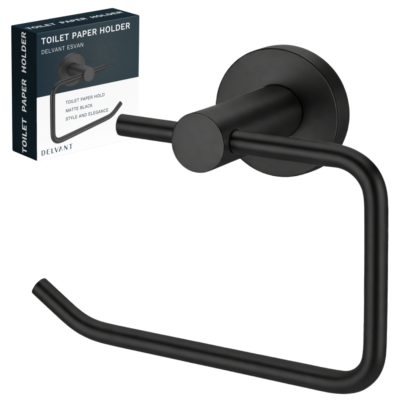 Czarny, metalowy uchwyt na papier toaletowy o matowym wykończeniu. Obok znajduje się opakowanie z napisem: \'TOILET PAPER HOLDER DELVANT ESVAN, TOILET PAPER HOLD, MATTE BLACK, STYLE AND ELEGANCE\'.