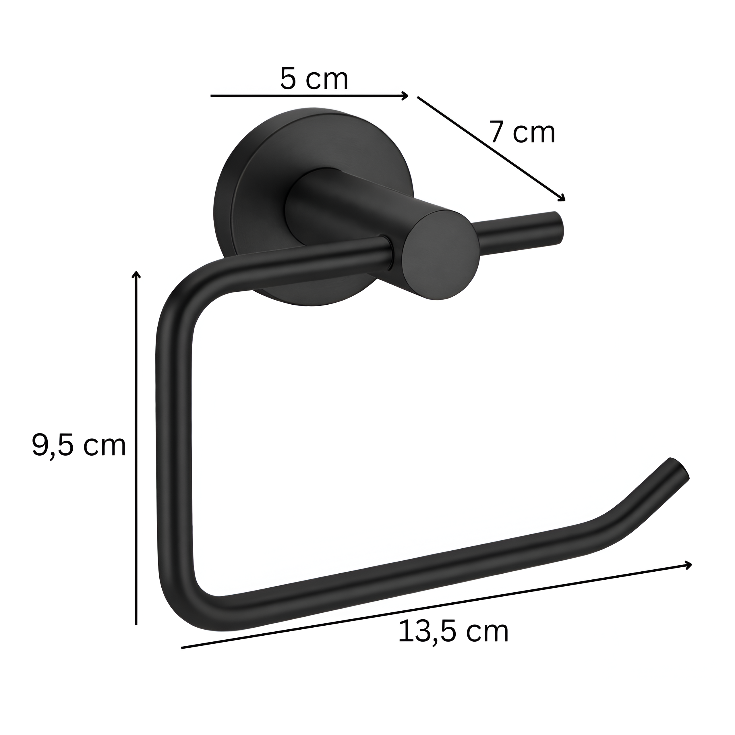 Czarny metalowy uchwyt na papier toaletowy z wymiarami: 5 cm, 7 cm, 9,5 cm i 13,5 cm. Uchwyt ma prosty, nowoczesny design.