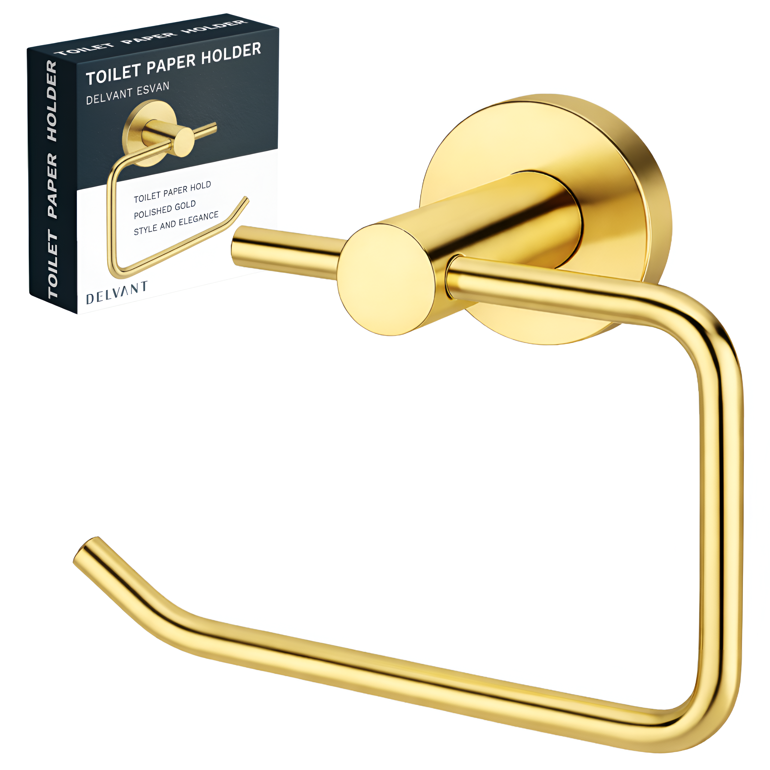 Metalowy uchwyt na papier toaletowy w złotym połysku, z okrągłą podstawą montażową. Obok znajduje się pudełko z napisem: \'TOILET PAPER HOLDER DELVANT ESVAN TOILET PAPER HOLD POLISHED GOLD STYLE AND ELEGANCE\'.