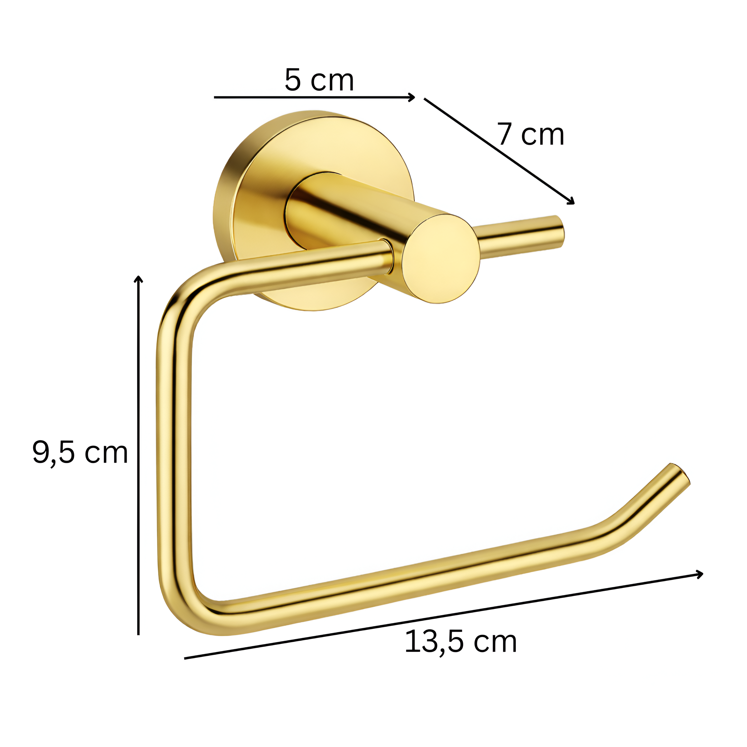 Metalowy uchwyt na papier toaletowy w złotym połysku z wymiarami: 5 cm, 7 cm, 9,5 cm i 13,5 cm. Uchwyt ma prosty, nowoczesny design.