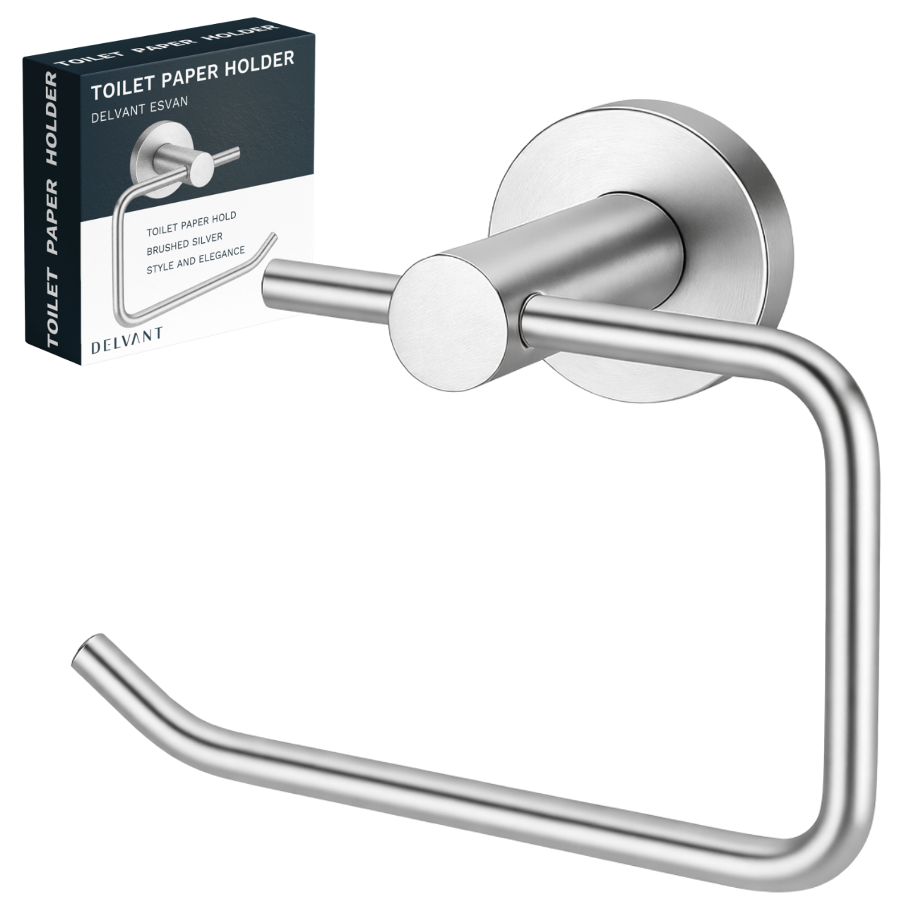 Metalowy uchwyt na papier toaletowy w kolorze srebrnym z okrągłą podstawą montażową. Obok znajduje się opakowanie z napisem: \'TOILET PAPER HOLDER DELVANT ESVAN TOILET PAPER HOLD BRUSHED SILVER STYLE AND ELEGANCE DELVANT\'.