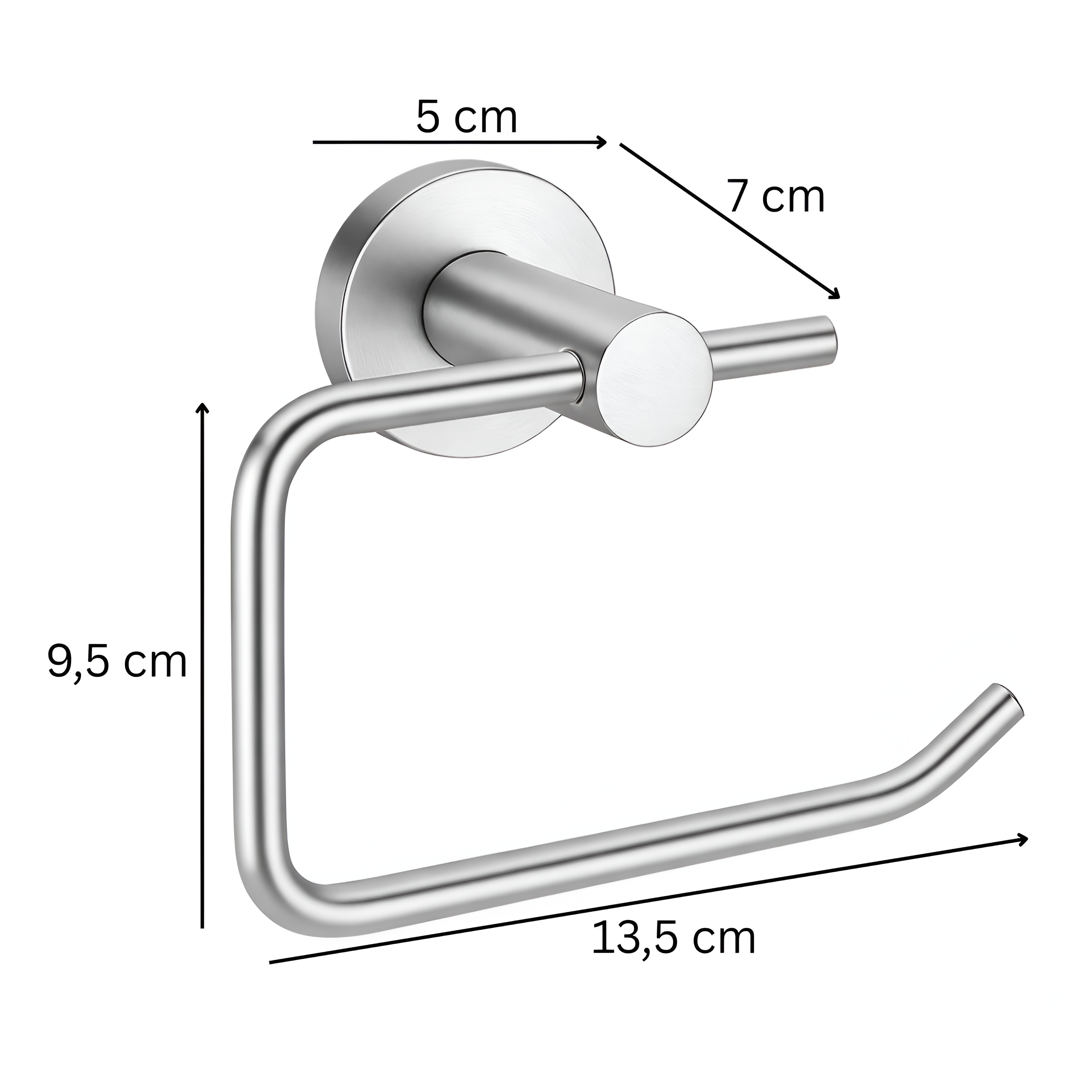 Metalowy uchwyt na papier toaletowy w kolorze srebrnym z wymiarami: 5 cm, 7 cm, 9,5 cm i 13,5 cm. Uchwyt ma prosty, nowoczesny design.