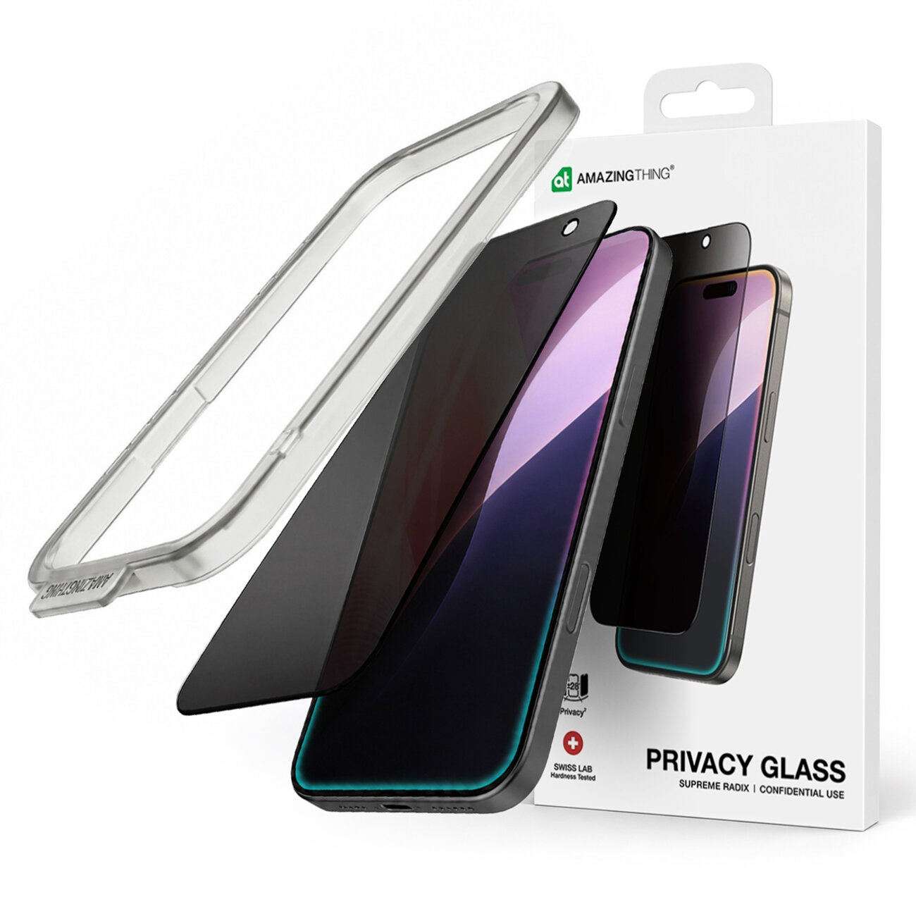 Na obrazie widoczne jest opakowanie produktu z napisem \'AMAZINGthing Privacy Glass\' oraz ilustracja szkła ochronnego na telefon. Szkło ma ciemny odcień, a opakowanie jest białe z czarnym tekstem.