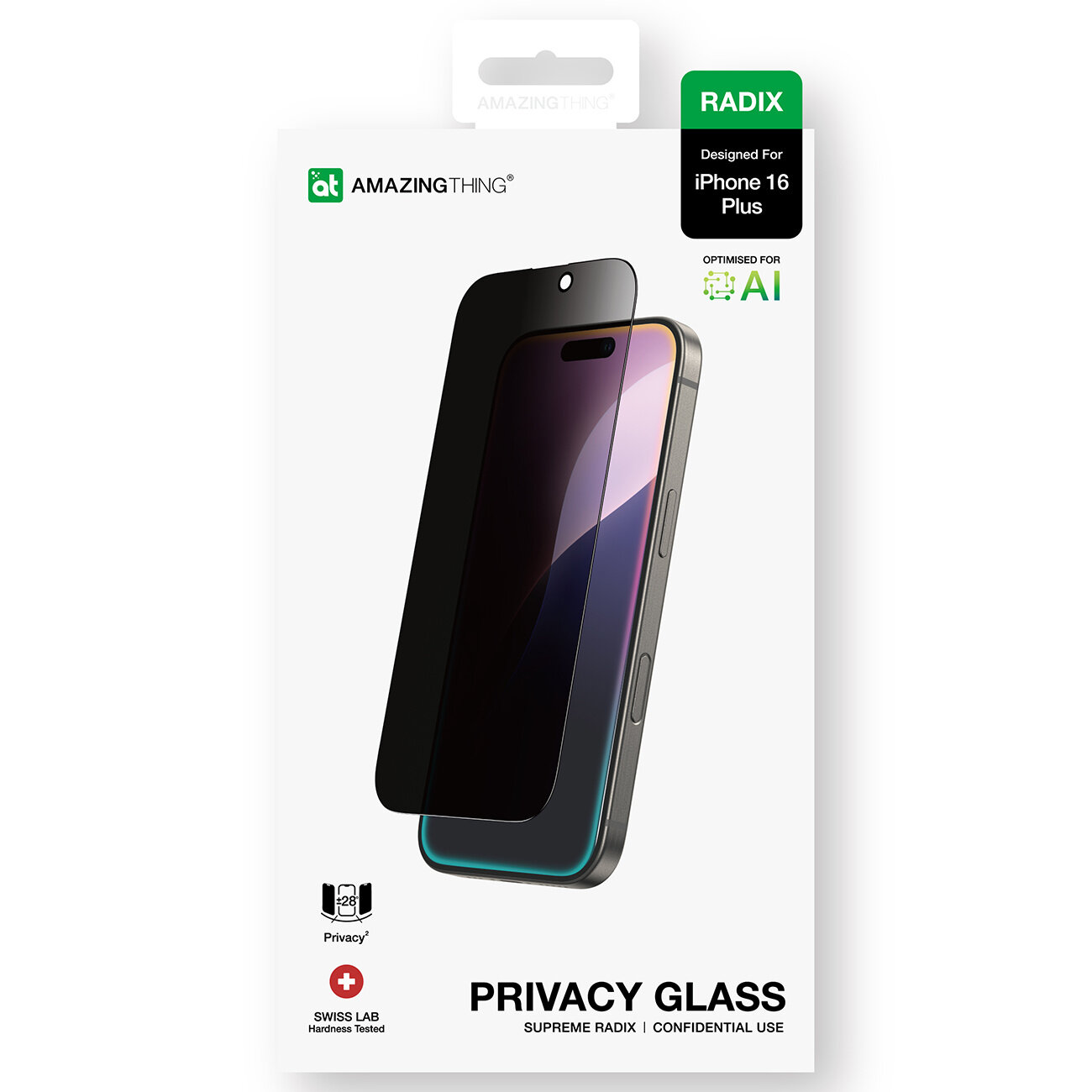 Opakowanie szkła hartowanego Amazingthing Radix Privacy Glass do iPhone 16 Plus z widocznym logo \'at AMAZINGTHING\'. Na opakowaniu znajduje się napis \'PRIVACY GLASS SUPREME RADIX | CONFIDENTIAL USE\'.