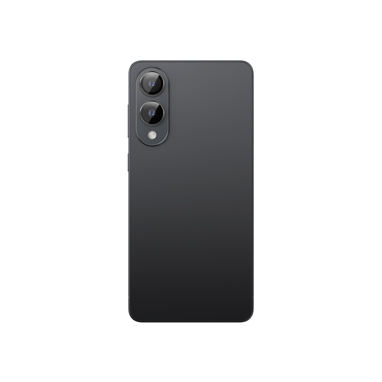 Obraz przedstawia czarny smartfon z dwoma obiektywami aparatu umieszczonymi pionowo na tylnej obudowie. Obok obiektywów znajduje się małe okrągłe światło LED.