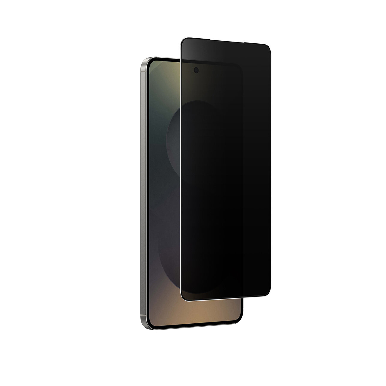 Obraz przedstawia smartfon z nałożonym szkłem hartowanym, które jest częściowo przezroczyste i przyciemnione. Szkło ma na celu ochronę ekranu i zapewnienie prywatności użytkownika.