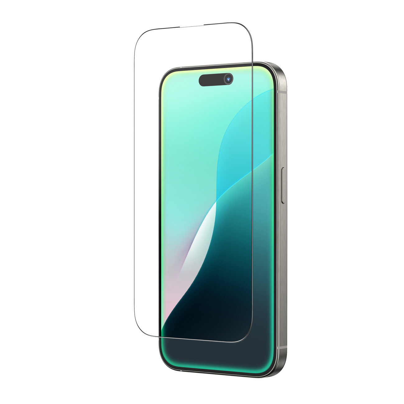 Obraz przedstawia smartfon z nałożonym szkłem hartowanym, które jest przezroczyste i dopasowane do ekranu urządzenia. Telefon ma metaliczną ramkę i wyświetlacz z gradientowym tłem w odcieniach zieleni i niebieskiego.