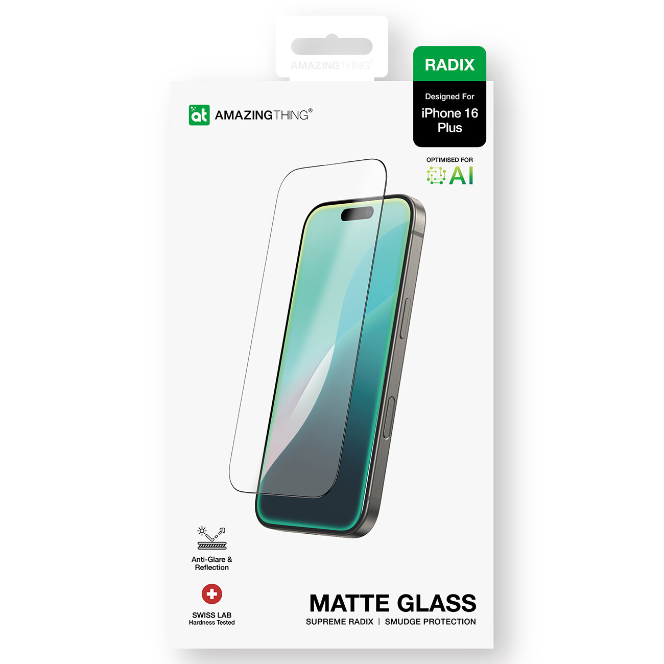 Opakowanie szkła hartowanego Amazingthing Radix Matte Glass do iPhone 16 Plus z grafiką telefonu i szkła ochronnego. Widoczne napisy: \'AMAZINGthing\', \'Designed for iPhone 16 Plus\', \'MATTE GLASS\', \'SUPREME RADIX\', \'Anti-Glare & Reflection\', \'SWISS LAB Hardness Tested\'.