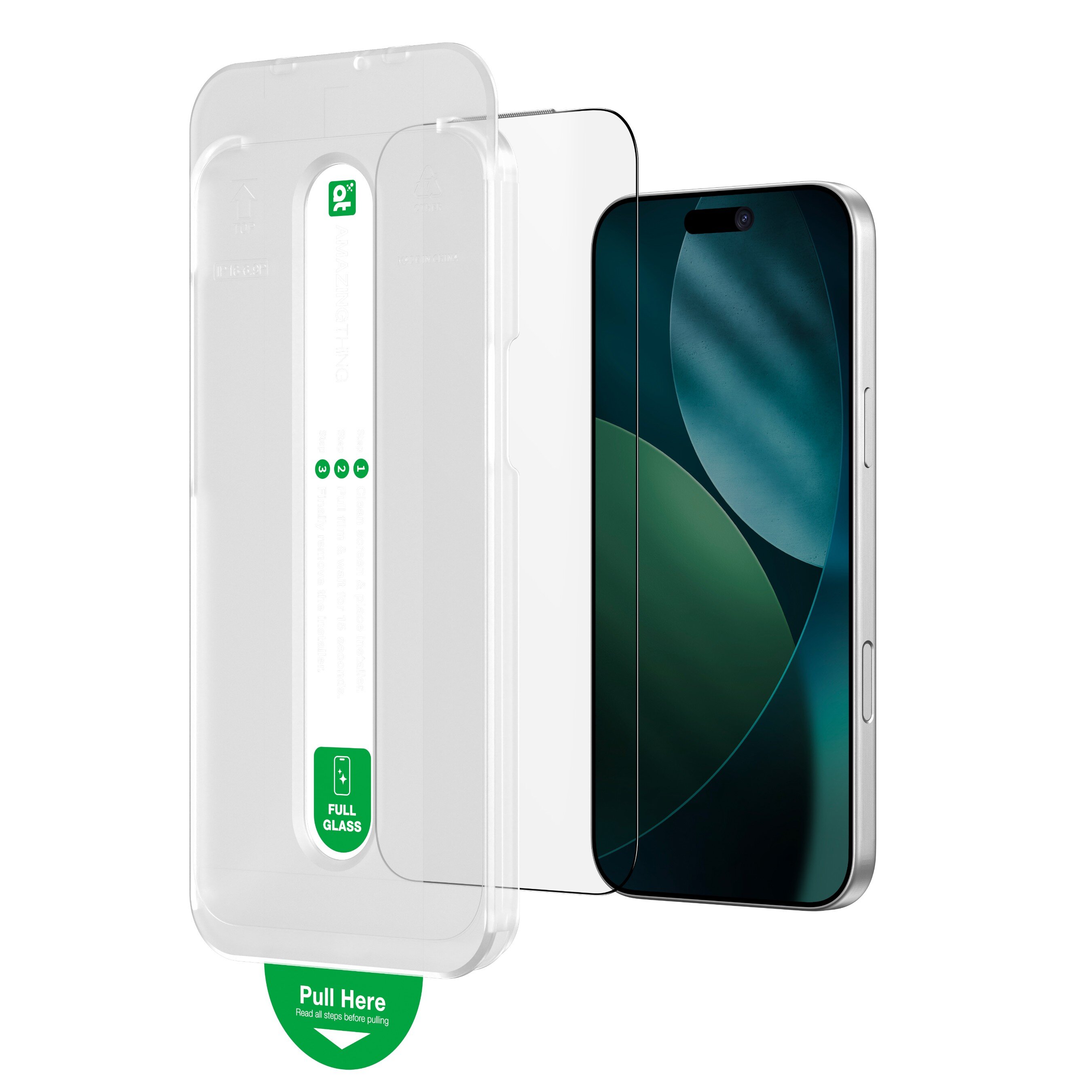 Obraz przedstawia szkło hartowane na telefon, z przezroczystą osłoną i zielonym oznaczeniem \'FULL GLASS\'. Obok znajduje się telefon z wyświetlaczem pokazującym abstrakcyjny wzór w odcieniach zieleni i niebieskiego.