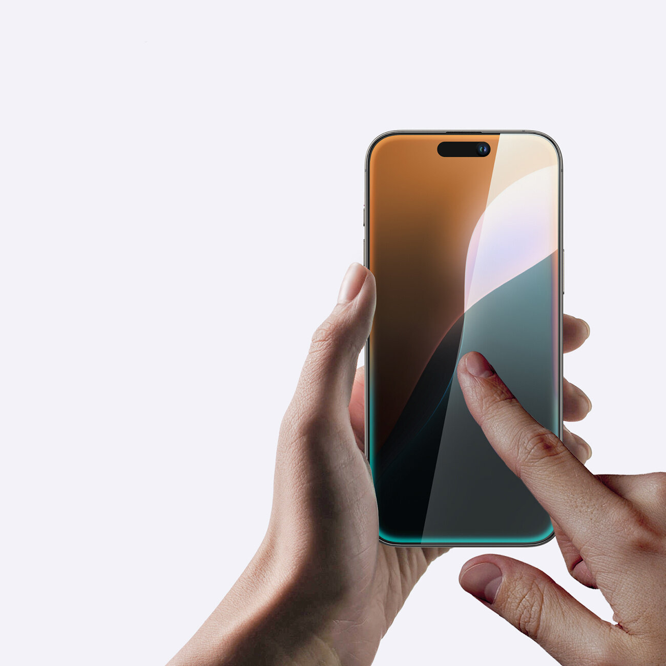 Osoba trzyma smartfon z nałożonym szkłem hartowanym, dotykając ekranu palcem. Ekran wyświetla kolorowy gradient.