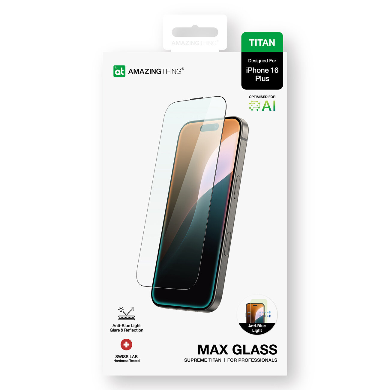 Opakowanie szkła hartowanego Amazingthing Titan Max do iPhone 16 Plus z grafiką telefonu i szkła ochronnego. Widoczne napisy: \'Anti-Blue Light Glare & Reflection\', \'SWISS LAB Hardness Tested\', \'MAX GLASS SUPREME TITAN FOR PROFESSIONALS\'.