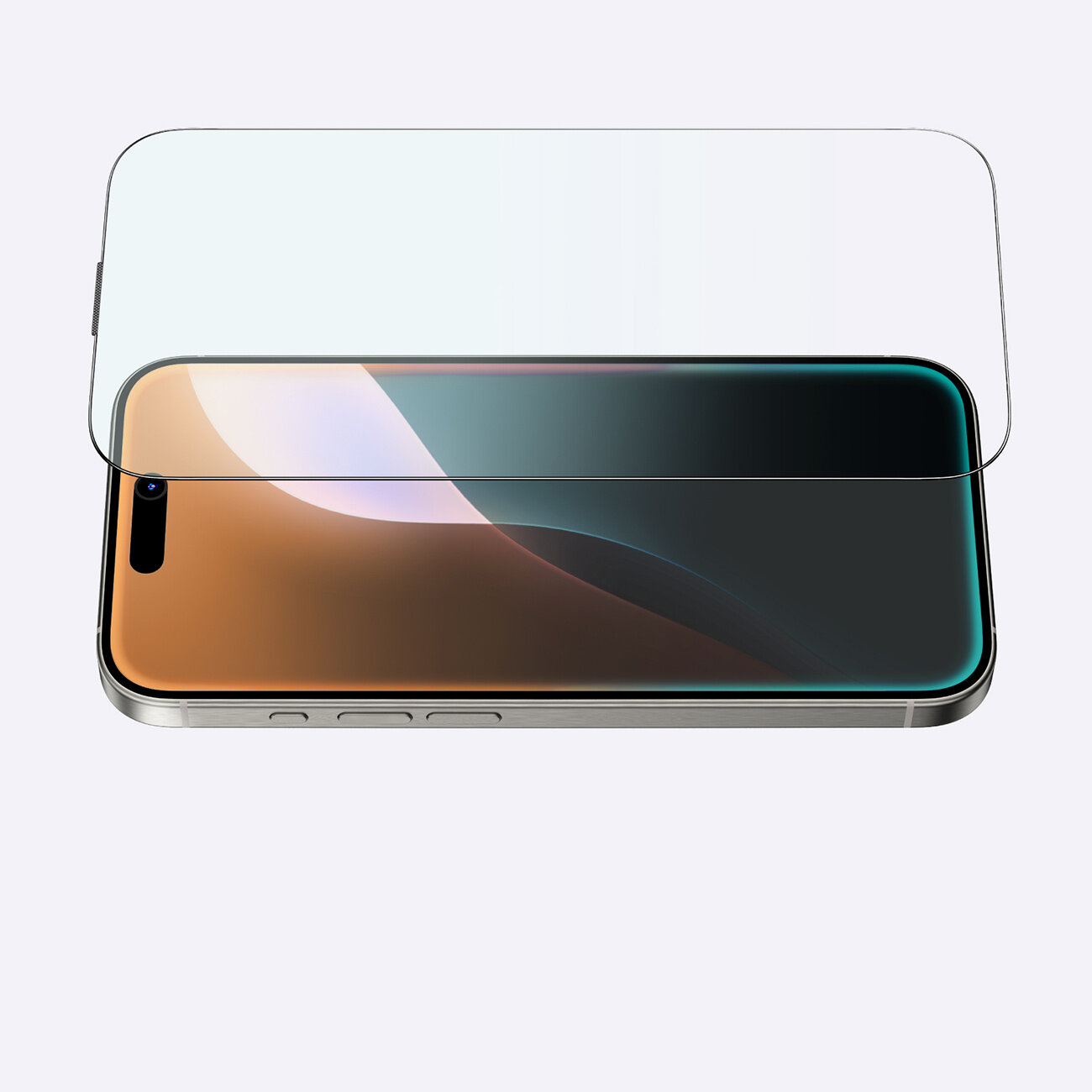 Obraz przedstawia smartfon z nałożonym szkłem hartowanym, które jest lekko uniesione nad ekranem. Telefon ma metaliczną ramkę i wyświetlacz z gradientowym tłem.