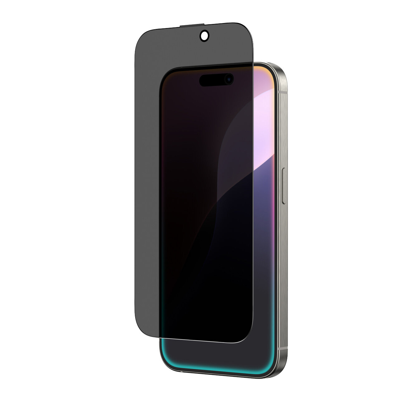 Obraz przedstawia smartfon z nałożonym ciemnym szkłem ochronnym, które ma otwór na kamerę. Szkło jest lekko uniesione, ukazując krawędzie urządzenia.
