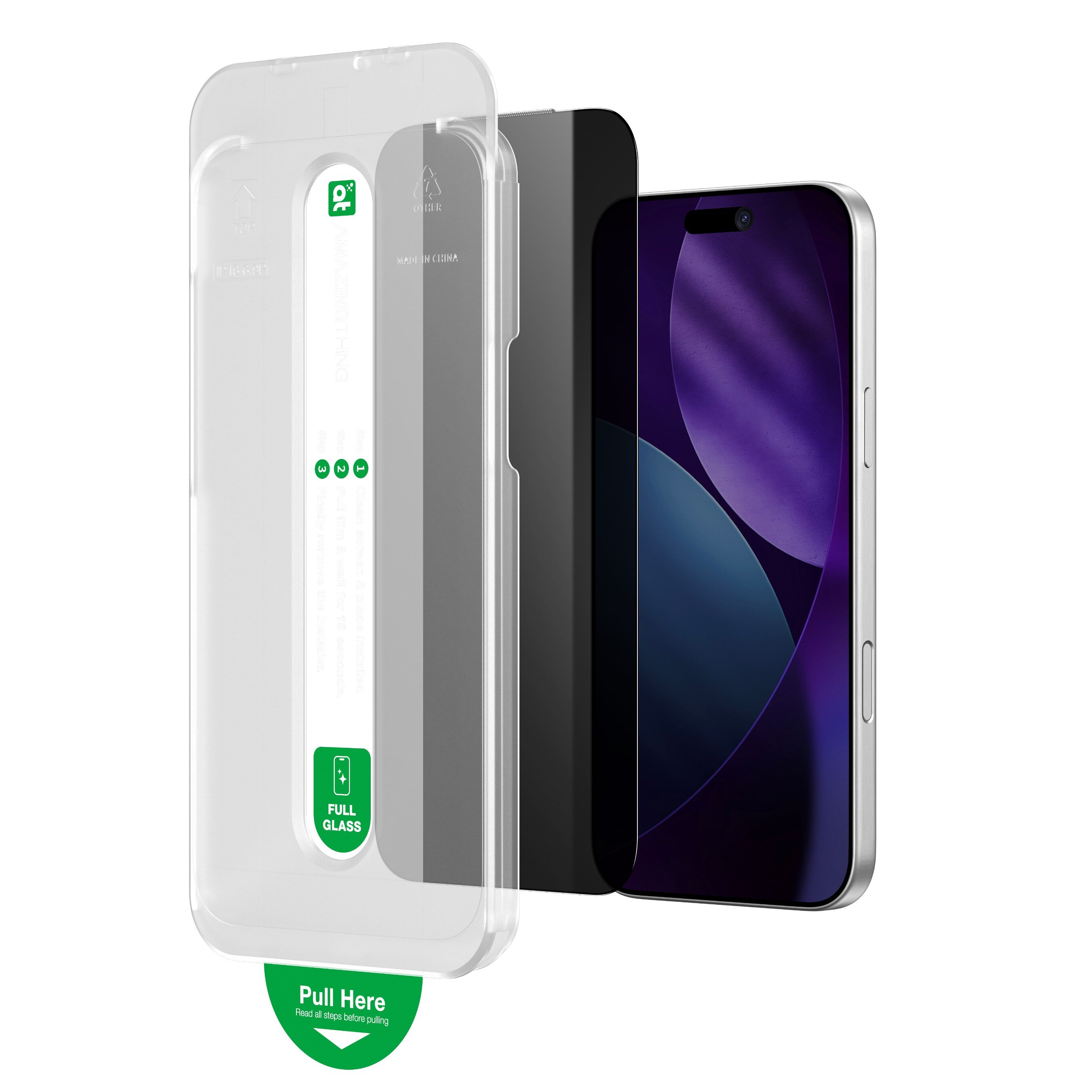 Obraz przedstawia szkło hartowane do telefonu, z widocznym napisem \'Full Glass\' na zielonym tle oraz instrukcją \'Pull Here\'. Obok znajduje się telefon z wyświetlaczem w odcieniach fioletu i czerni.