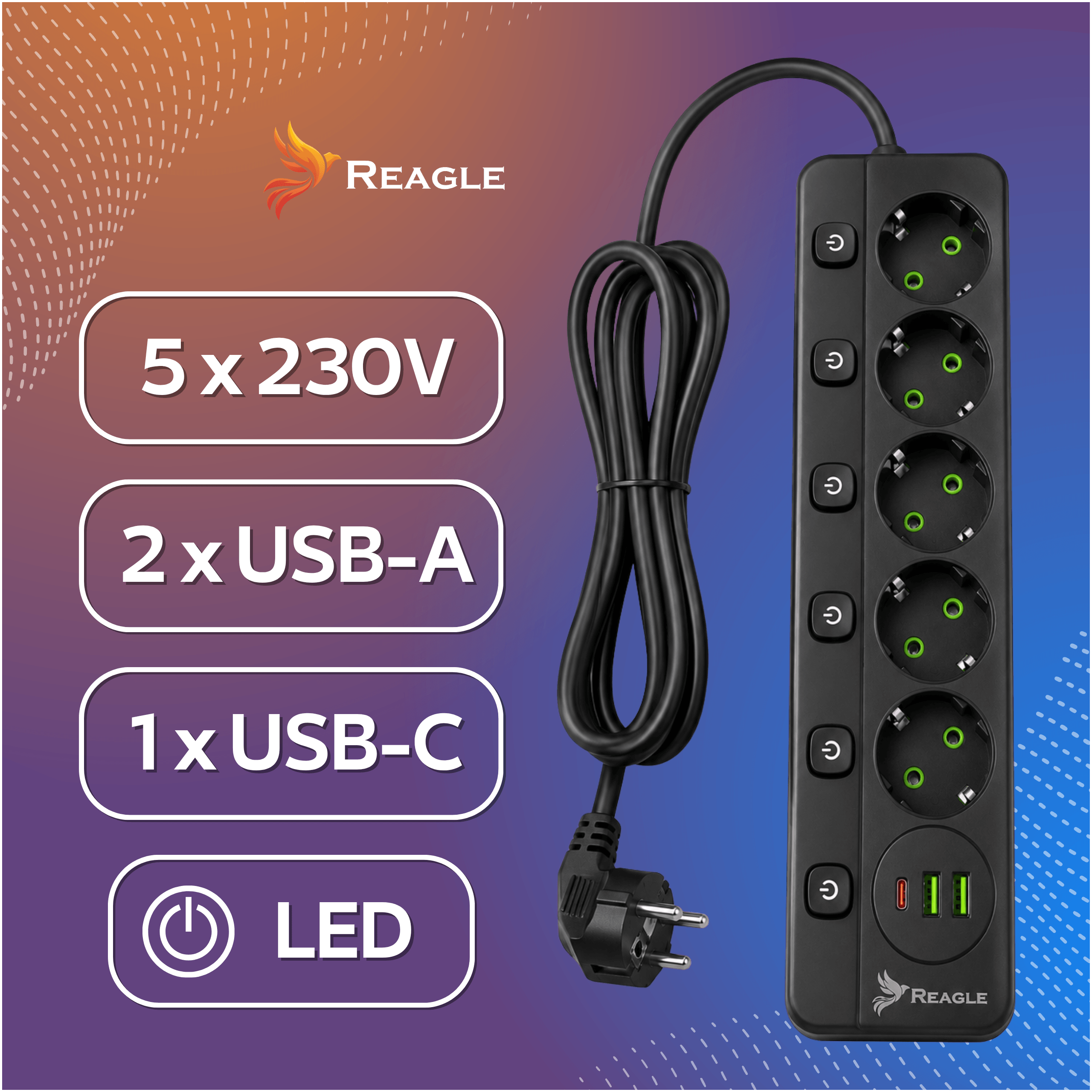 Obraz przedstawia czarną listwę zasilającą z pięcioma gniazdami, dwoma portami USB-A i jednym USB-C. Na tle widoczne są napisy: \'5 x 230V\', \'2 x USB-A\', \'1 x USB-C\', \'LED\' oraz logo \'REAGLE\'.