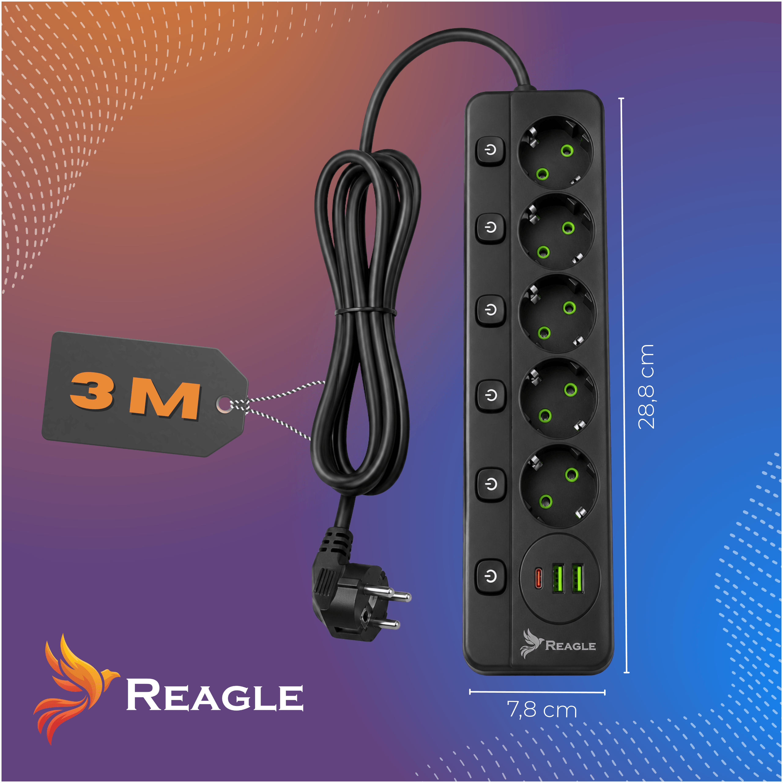 Czarna listwa zasilająca z pięcioma gniazdami, dwoma portami USB-A i jednym USB-C, z logo Reagle. Obok widoczna jest etykieta z napisem \'3 M\' oraz wymiary 28,8 cm i 7,8 cm.