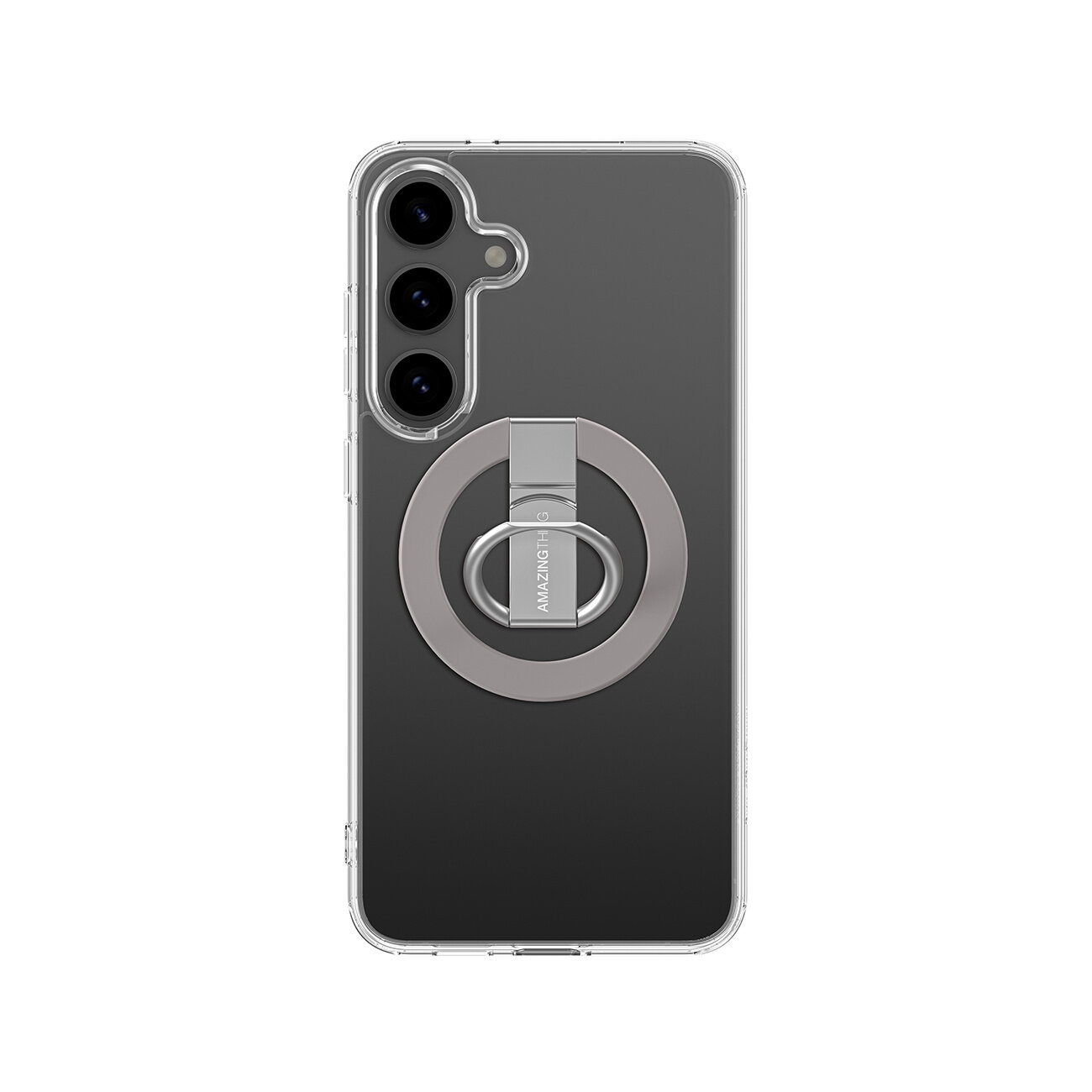 Przezroczyste etui na telefon z trzema widocznymi obiektywami aparatu i dużym pierścieniem magnetycznym z napisem \'AMAZINGTHING\'.