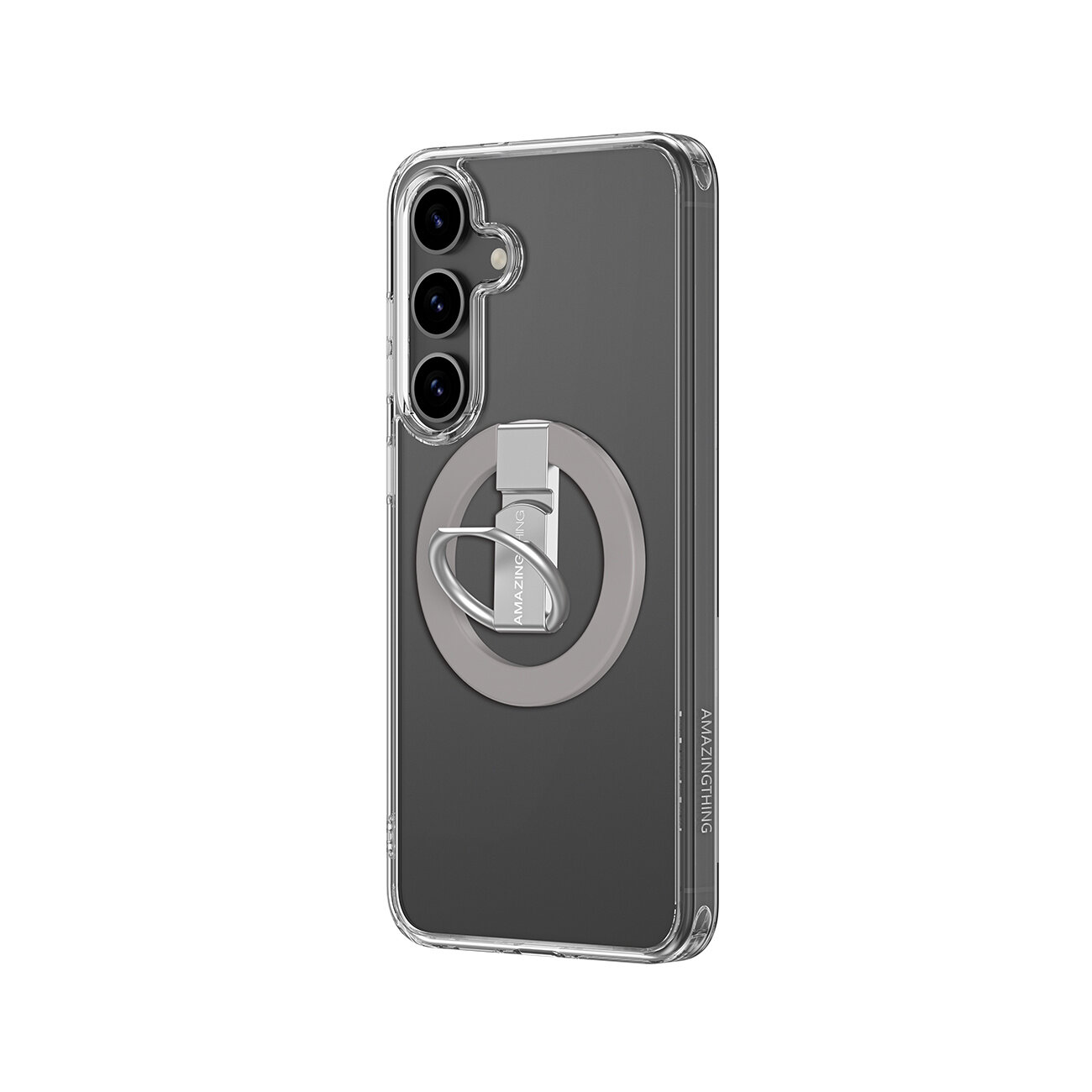 Przezroczyste etui na telefon z trzema widocznymi obiektywami aparatu oraz pierścieniem magnetycznym i ringiem na tylnej części. Na etui widoczny jest napis \'AMAZINGTHING\'.