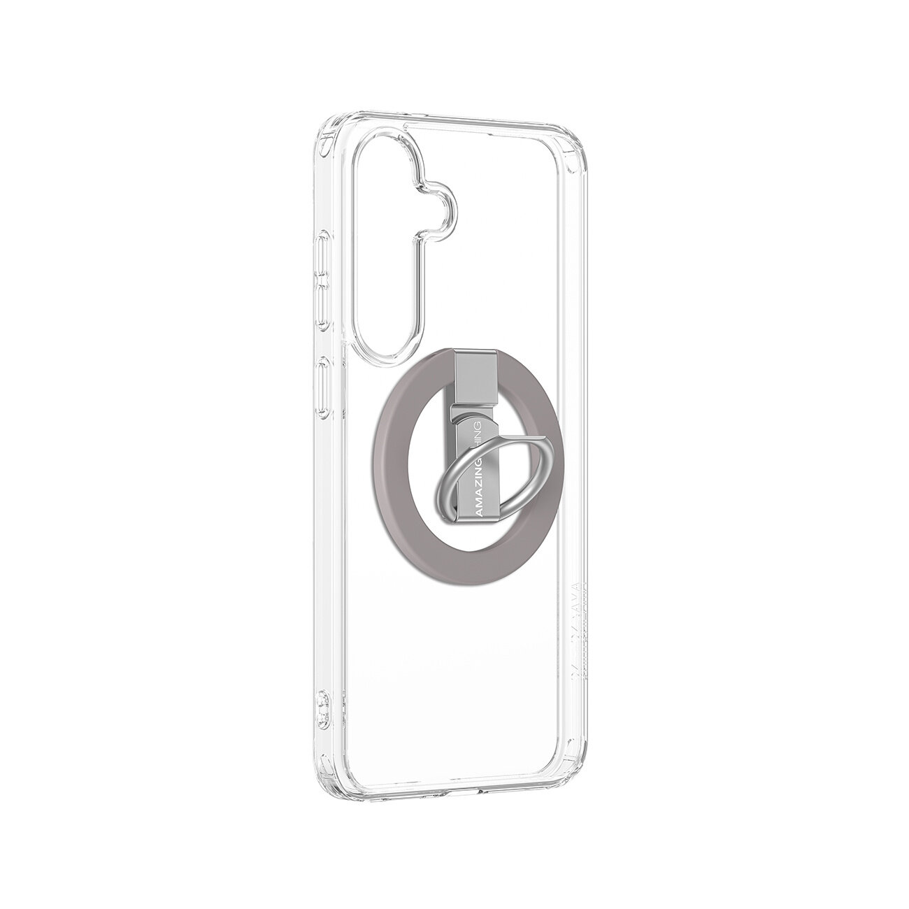 Przezroczyste etui silikonowe z pierścieniem magnetycznym i ringiem magnetycznym. Na pierścieniu widoczny jest napis \'AMAZINGTHING\'.