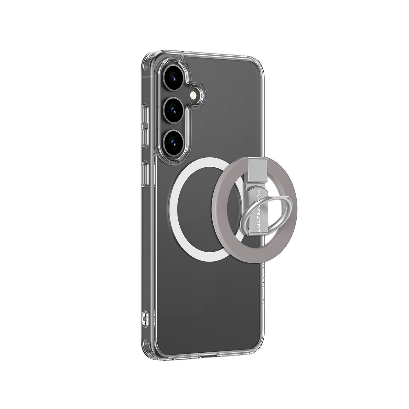 Przezroczyste etui na telefon z trzema aparatami, posiadające pierścień magnetyczny i uchwyt z napisem \'AMAZINGTHING\'.