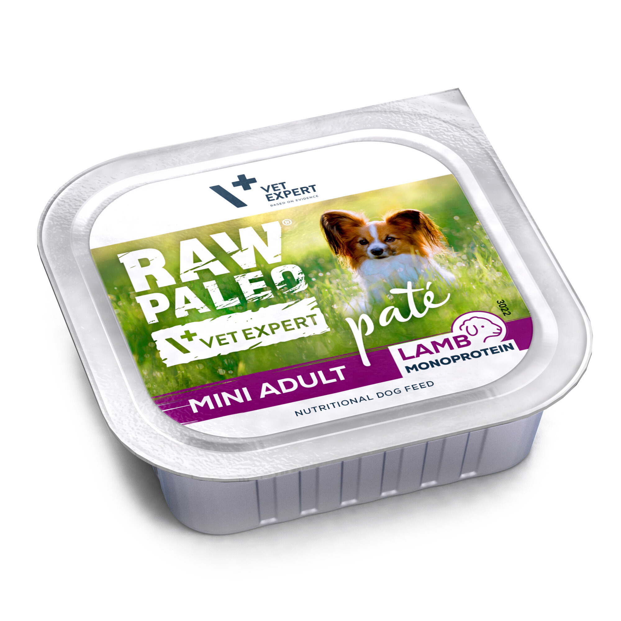 Opakowanie mokrej karmy dla psów z napisem \'RAW PALEO VET EXPERT paté MINI ADULT LAMB MONOPROTEIN\'. Na etykiecie widoczny jest pies na tle zielonej trawy.