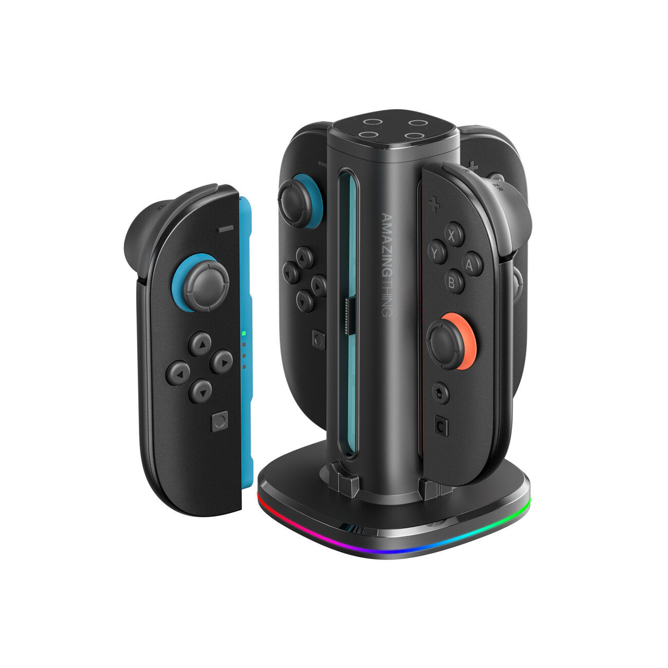Czarna stacja ładująca z miejscem na dwa kontrolery Nintendo Switch, z widocznym logo \'AMAZINGTHING\'. Podstawa stacji ma kolorowe podświetlenie.