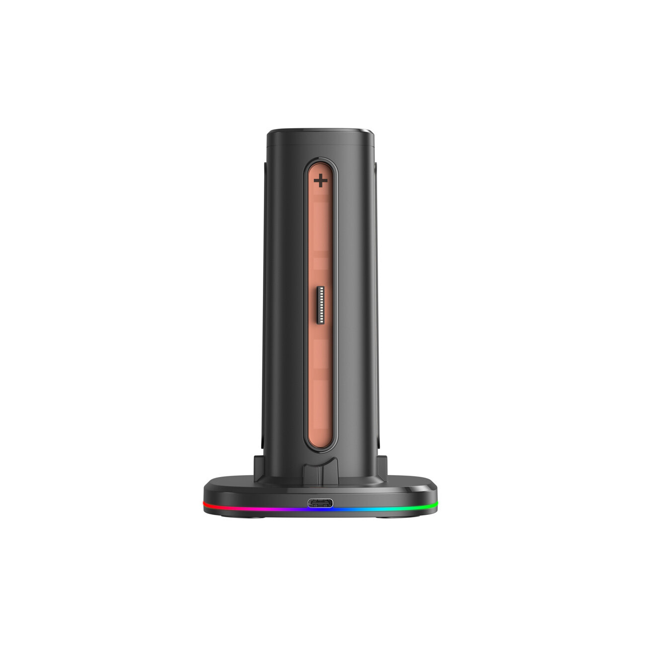 Czarna stacja ładująca o cylindrycznym kształcie z widocznym portem USB-C na podstawie. Na froncie znajduje się pionowy pasek z oznaczeniem \'+\' oraz wskaźnikiem LED.