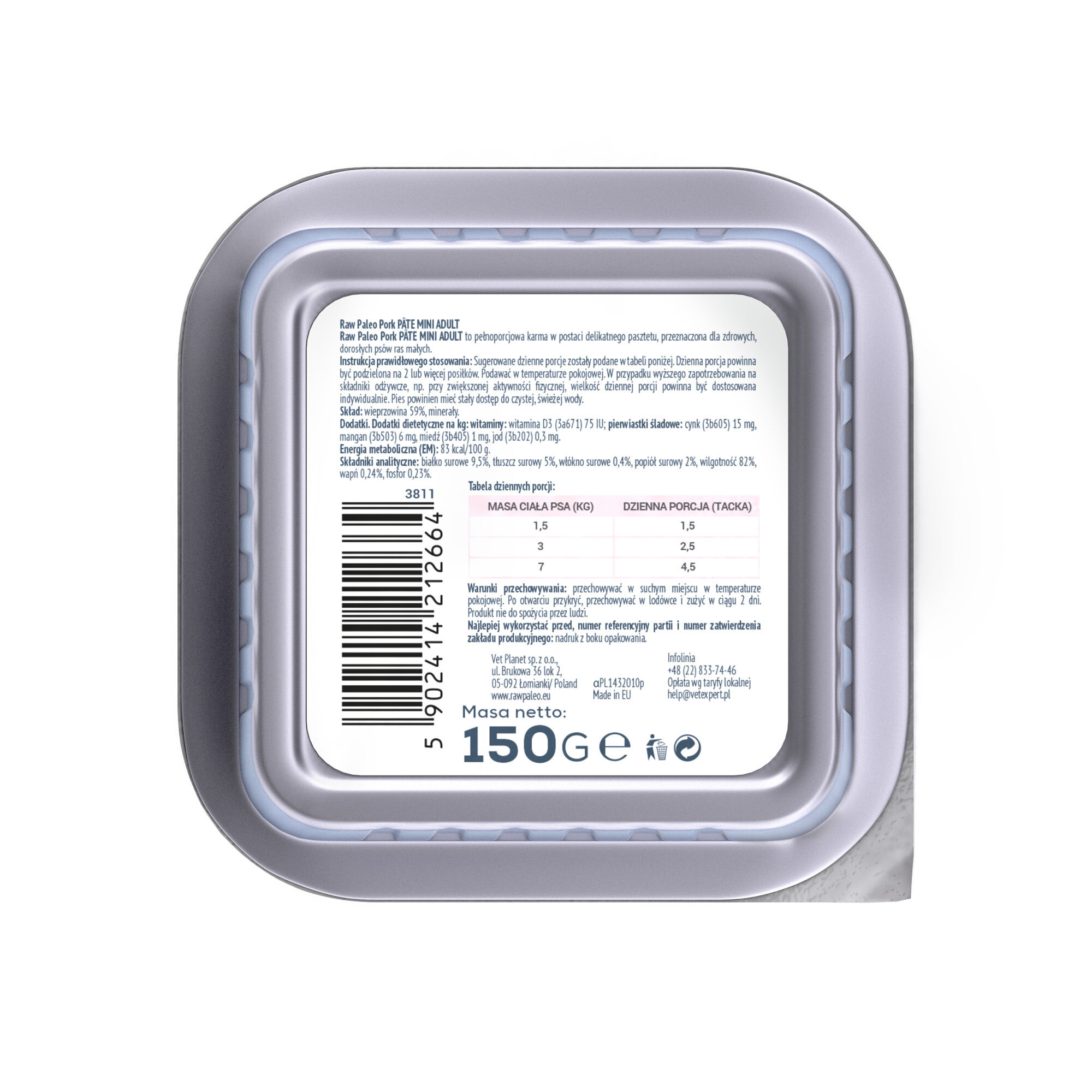 Opakowanie produktu RAW PALEO PORK PATE MINI ADULT z widocznym tekstem informacyjnym i kodem kreskowym. Masa netto: 150 g.