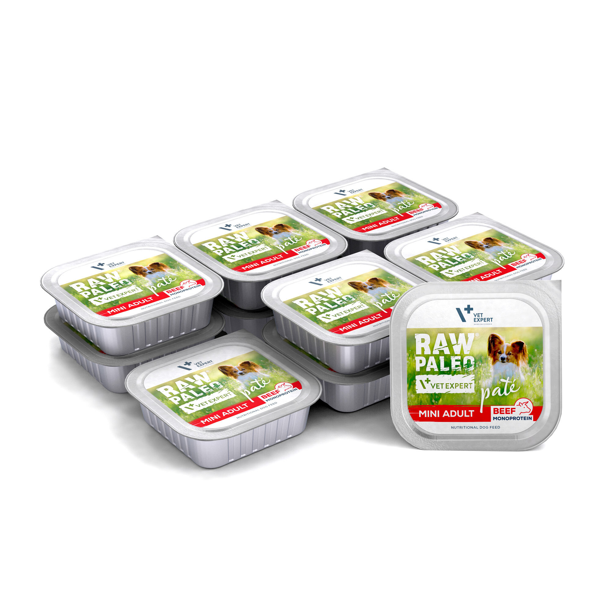 Na obrazie widoczne są opakowania mokrej karmy dla psów z etykietą \'RAW PALEO VETEXPERT pate MINI ADULT BEEF MONOPROTEIN\'. Opakowania są srebrne z kolorową etykietą przedstawiającą psa i zielone tło.