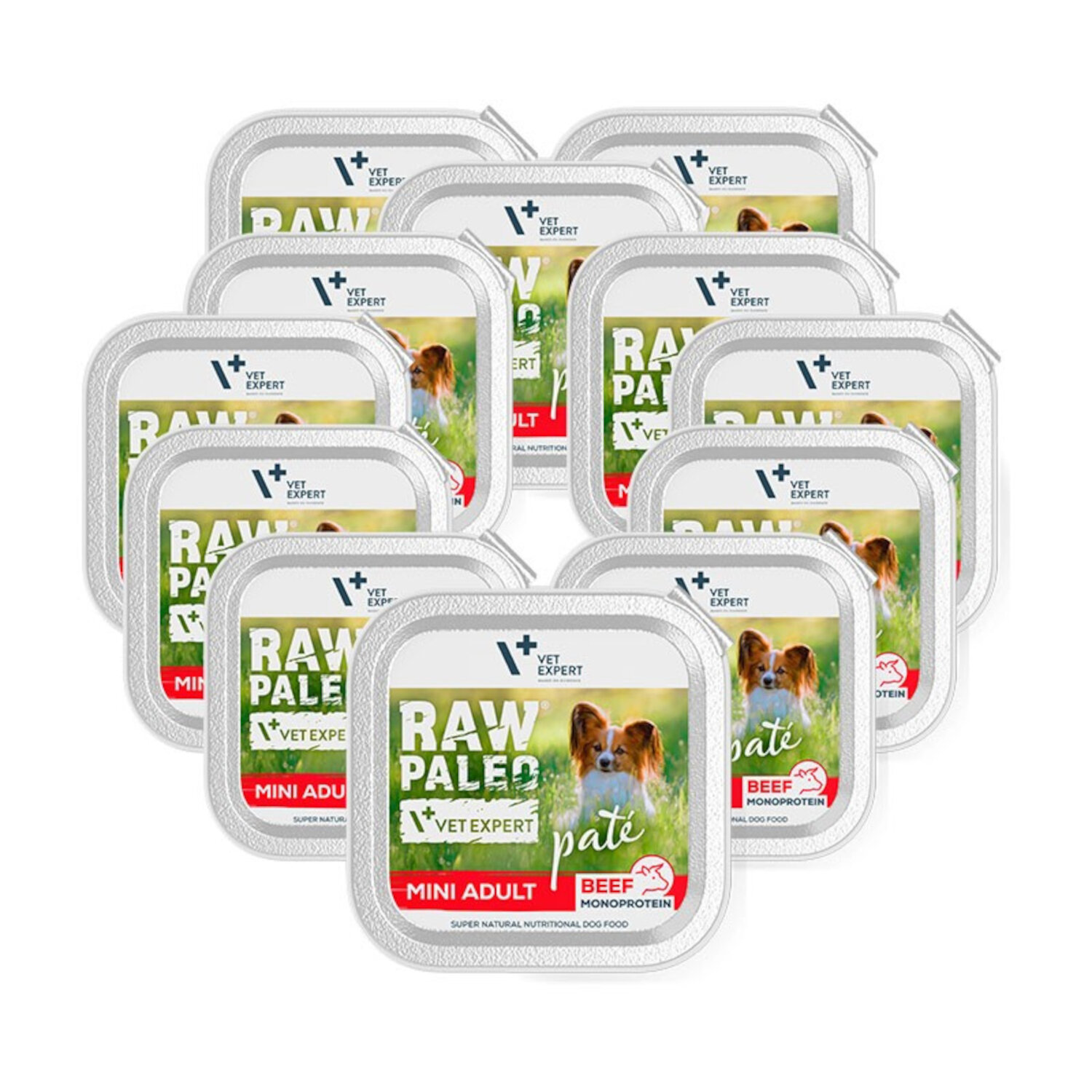 Na obrazie widoczne są opakowania produktu \'RAW PALEO VET EXPERT MINI ADULT pate BEEF MONOPROTEIN\'. Opakowania przedstawiają zdjęcie psa na tle trawy oraz logo \'VET EXPERT\'.