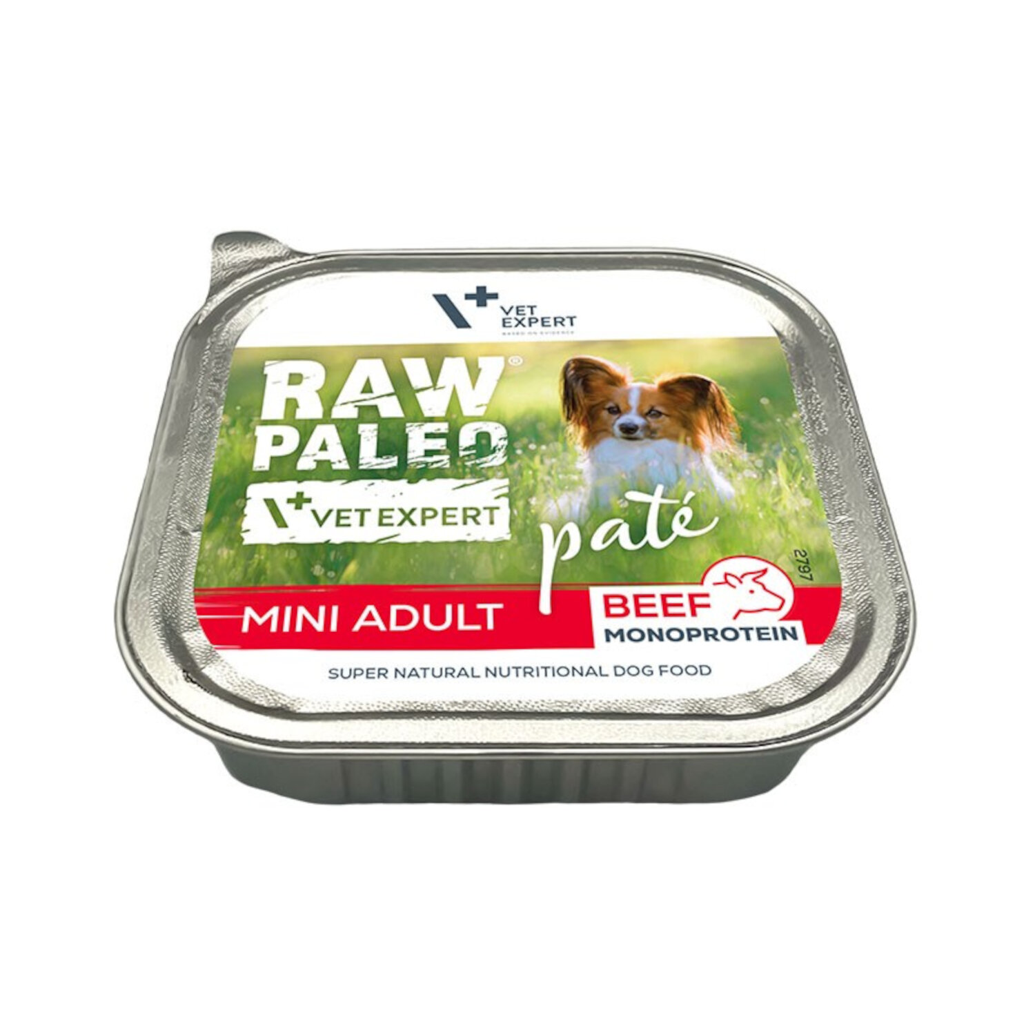 Opakowanie mokrej karmy dla psów z napisem \'RAW PALEO VET EXPERT paté MINI ADULT BEEF MONOPROTEIN\'. Na etykiecie widoczny jest pies na tle trawy oraz logo \'VET EXPERT\'.