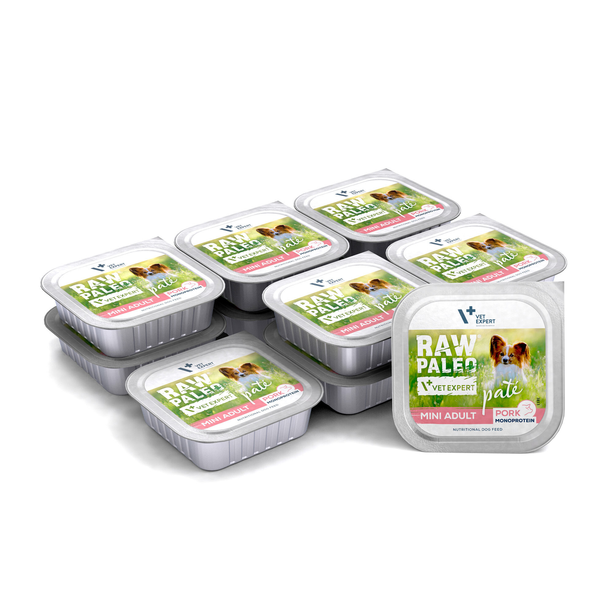 Na obrazie widoczne są opakowania mokrej karmy dla psów z etykietą \'RAW PALEO VETEXPERT MINI ADULT PORK MONOPROTEIN\'. Opakowania są ułożone w stos, a na etykiecie znajduje się zdjęcie psa.