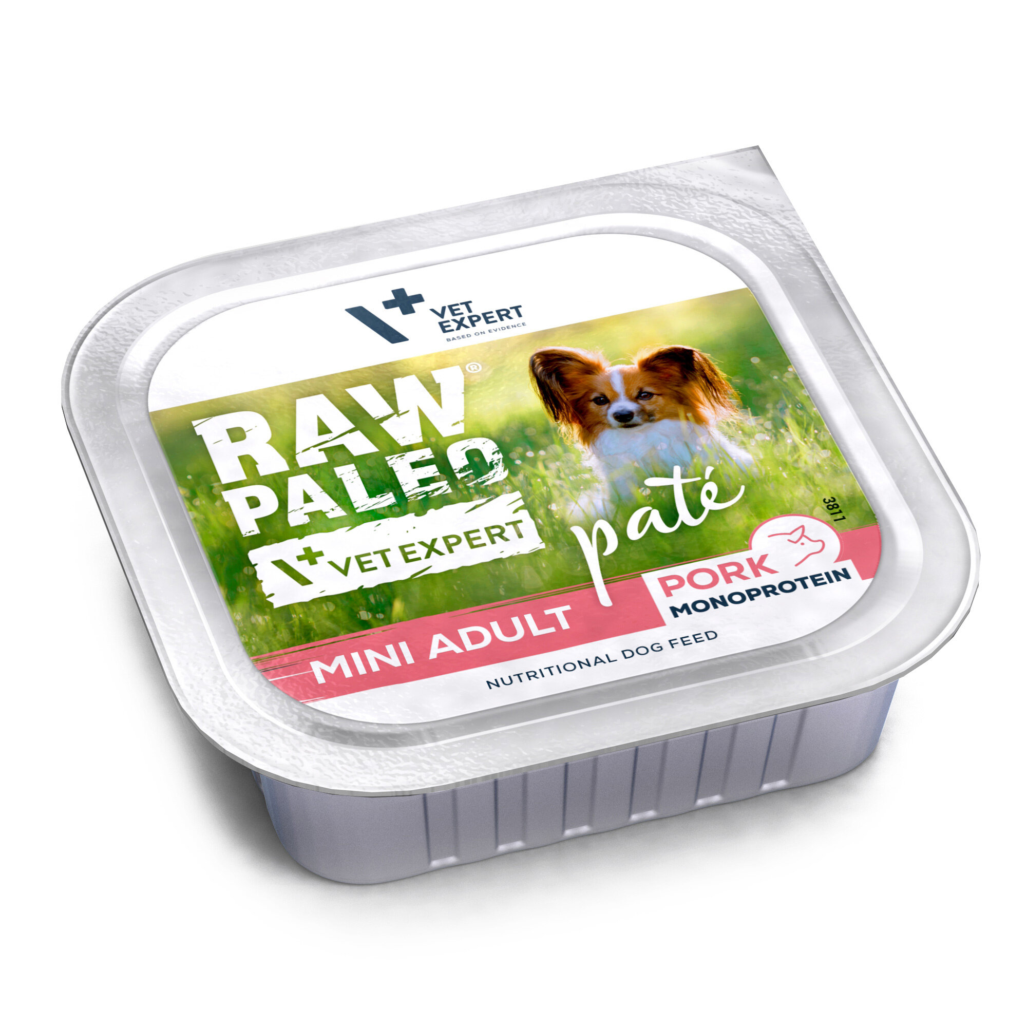 Opakowanie mokrej karmy dla psów z napisem \'RAW PALEO VET EXPERT paté MINI ADULT PORK MONOPROTEIN\'. Na etykiecie widoczny jest obraz psa na tle trawy oraz logo \'VET EXPERT\'.