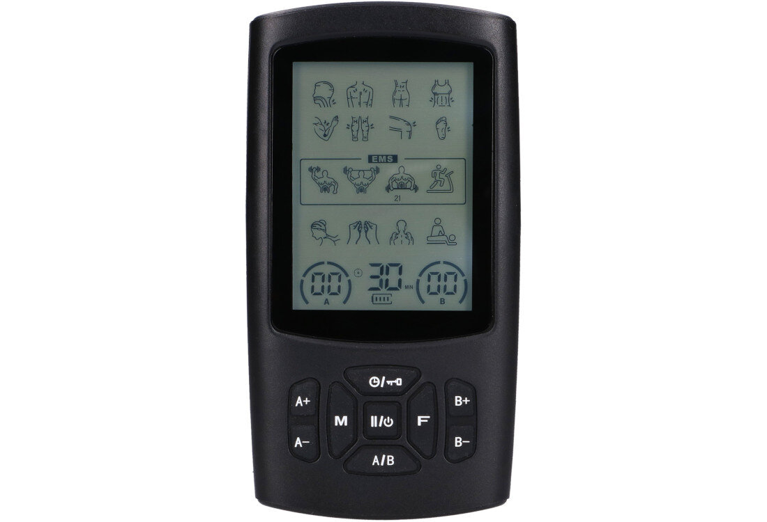 Na obrazie widoczny jest elektrostymulator z wyświetlaczem LCD, na którym znajdują się ikony przedstawiające różne części ciała oraz ustawienia EMS. Pod ekranem znajdują się przyciski sterujące oznaczone symbolami i literami, takimi jak A+, A-, M, A/B.