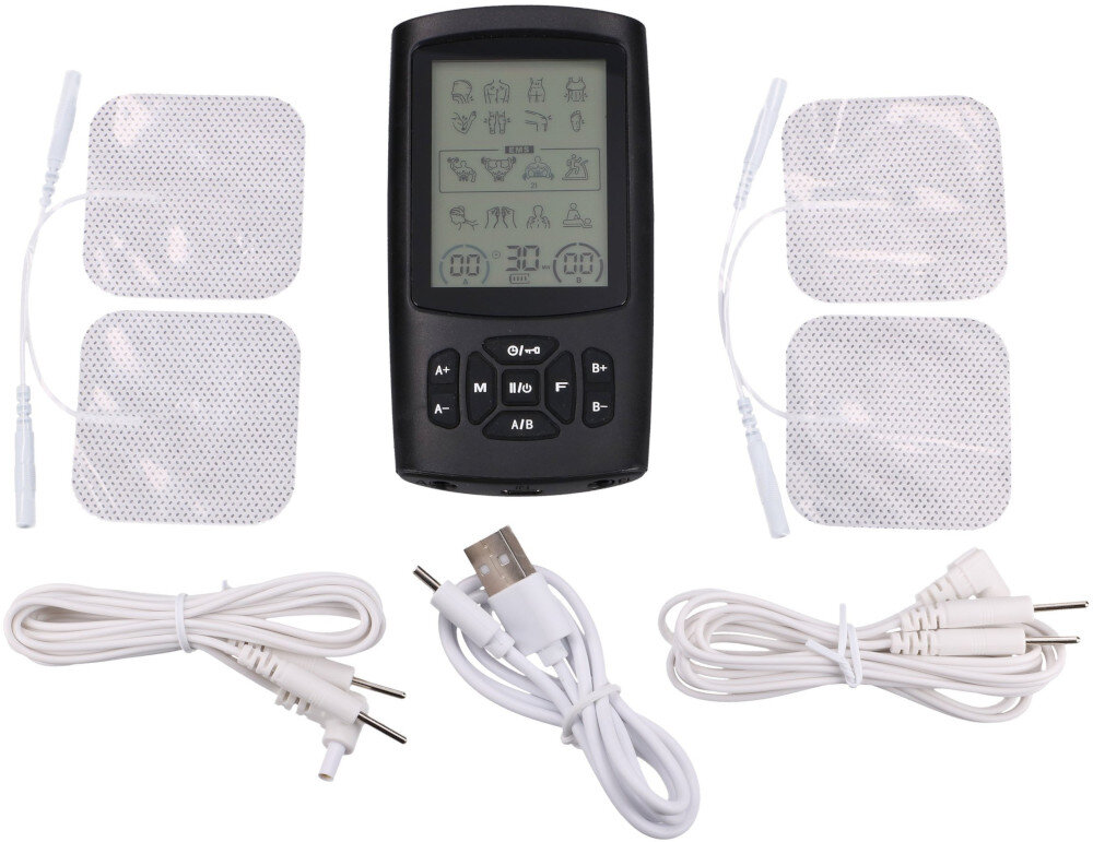 Na obrazie widoczny jest elektrostymulator z wyświetlaczem i przyciskami oraz cztery elektrody z przewodami. Obok znajdują się dwa białe kable z wtyczkami i kabel USB.