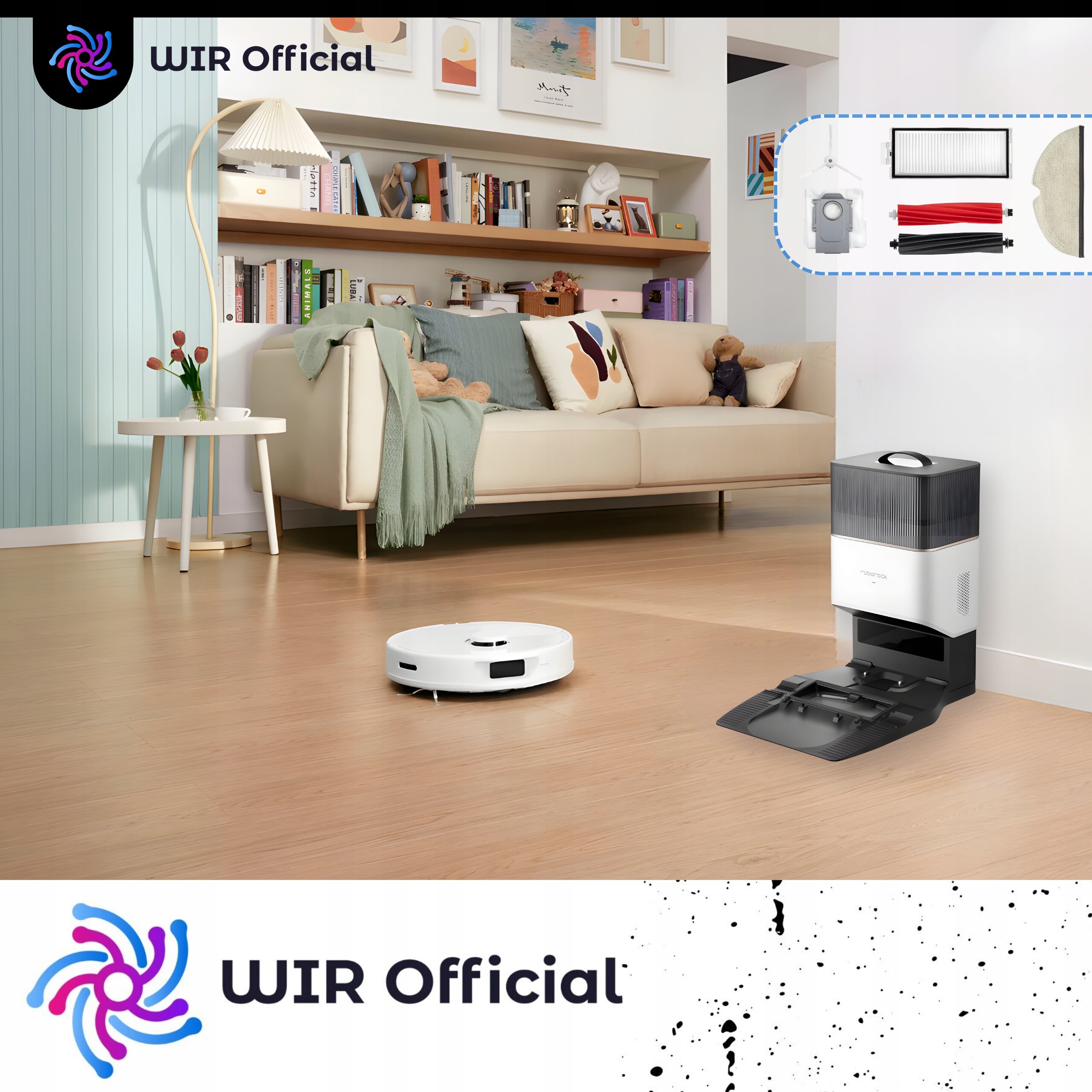 W salonie na drewnianej podłodze znajduje się biały robot sprzątający oraz stacja dokująca. W górnej części obrazu widoczny jest zestaw akcesoriów do odkurzacza, a na dole logo \'WIR Official\'.