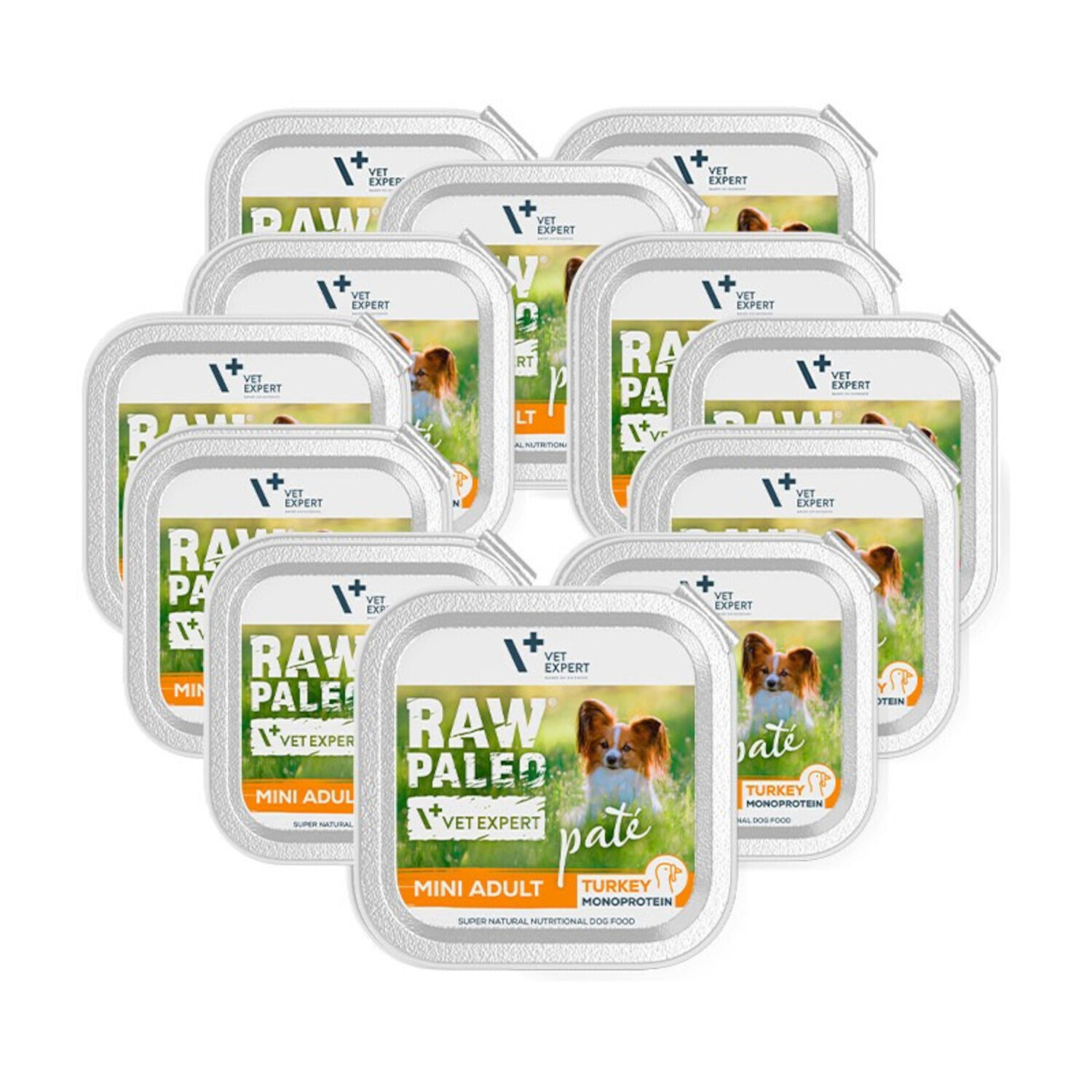Na obrazie widoczne są opakowania mokrej karmy dla psów z napisem \'RAW PALEO VET EXPERT MINI ADULT TURKEY MONOPROTEIN\'. Na etykiecie znajduje się zdjęcie psa oraz logo \'VET EXPERT\'.